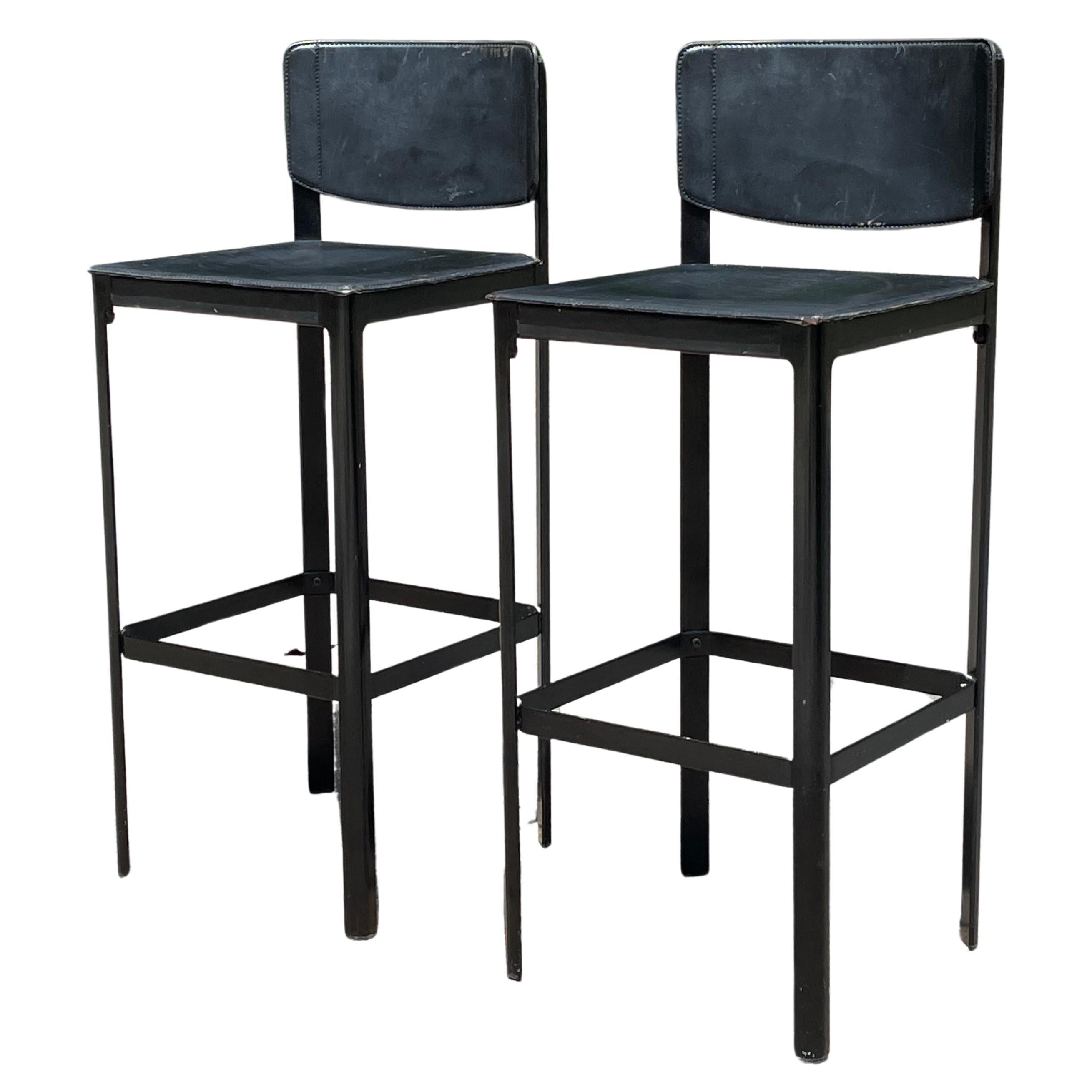 Set of 4 Matteo Grassi Bar Stools in Black Leather In Good Condition In Los Angeles, CA
