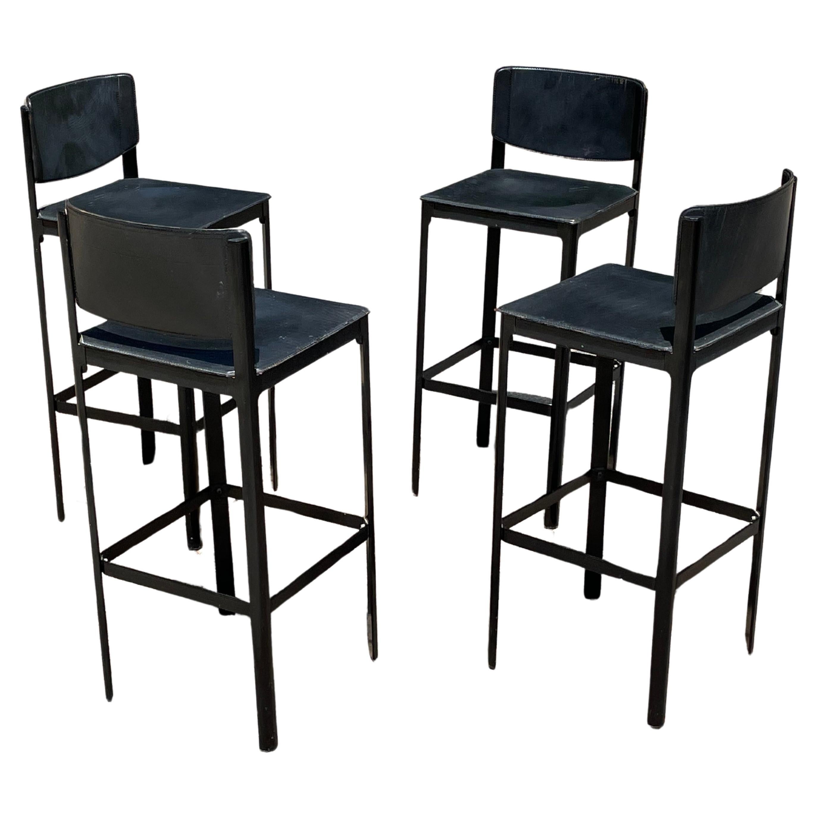 Set of 4 Matteo Grassi Bar Stools in Black Leather 1
