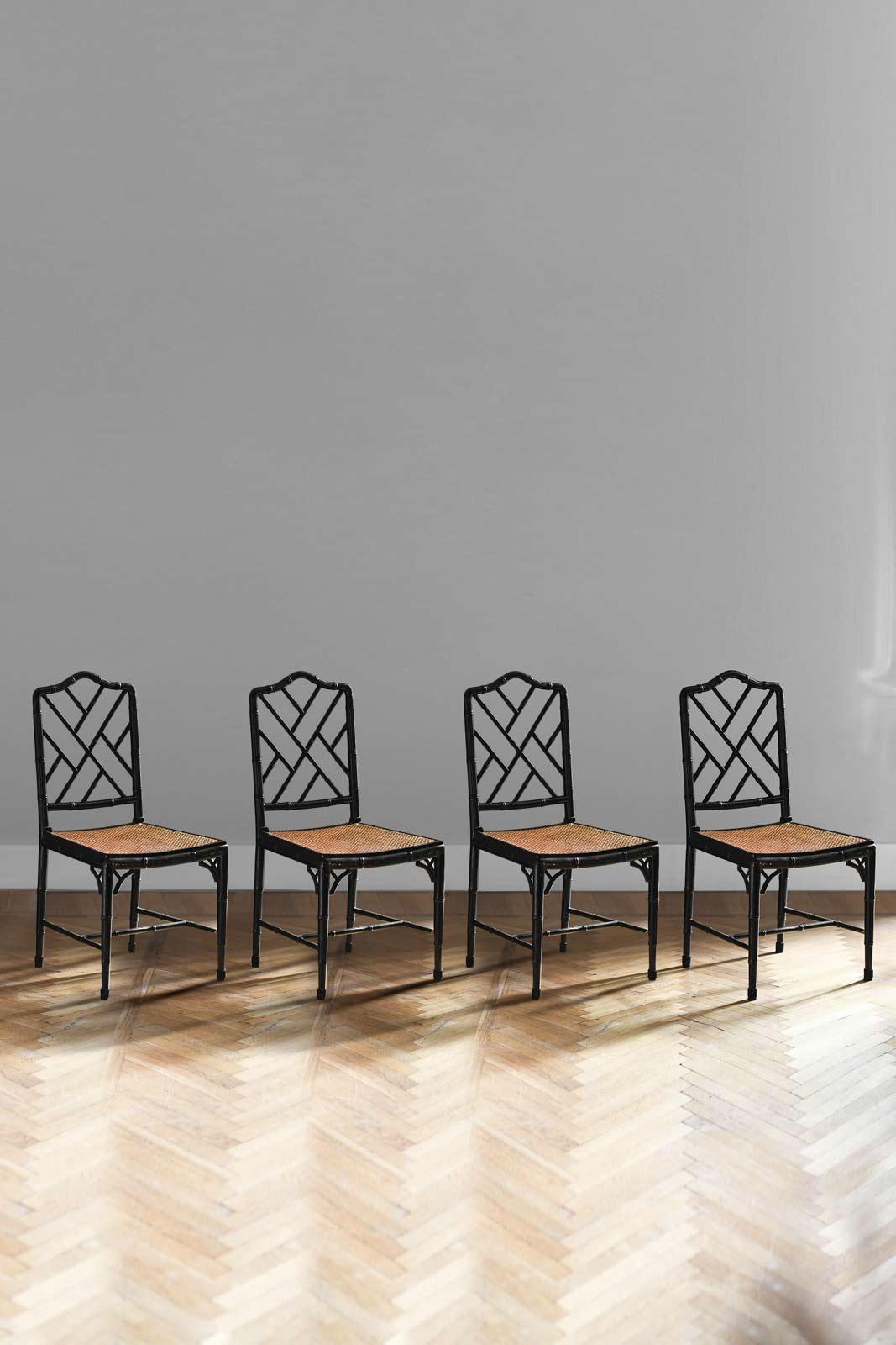 Set of 4 Mc Guire 1970 chairs in black lacquered Rattan and Vienna straw 4