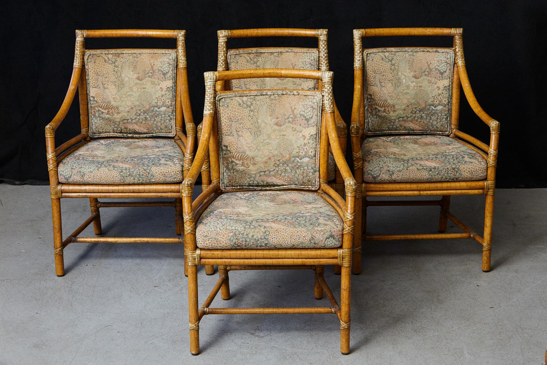 Designed by Elinor McGuire, this impeccably crafted arm chair displays a rattan back, which frames McGuire's signature Rattan Target design. The set of armchairs comes with upholstered seats and features loose cushions.

The chairs are very solid,