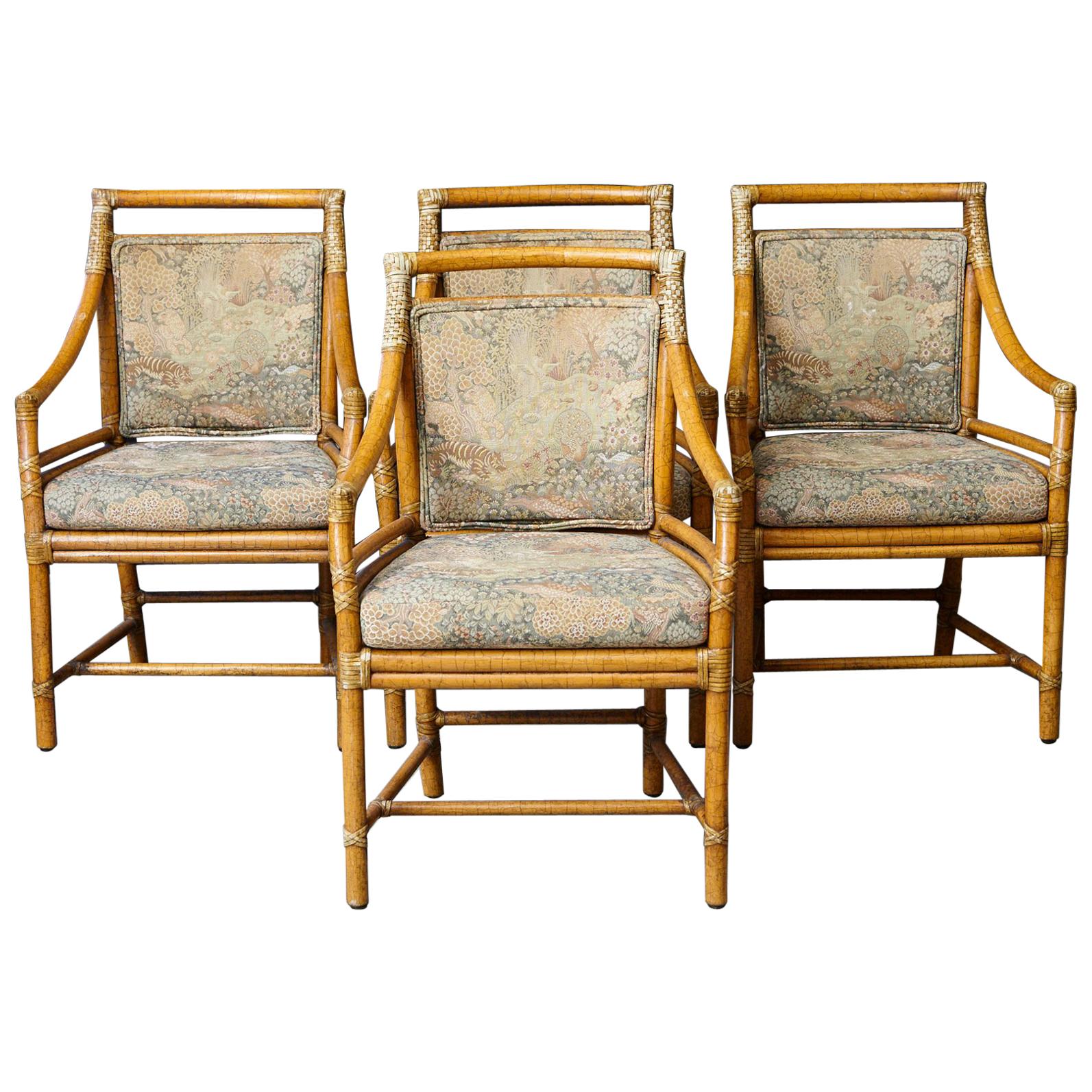 Set of 4 McGuire Rattan Target (M-59U) Armchairs with Upholstered Seat