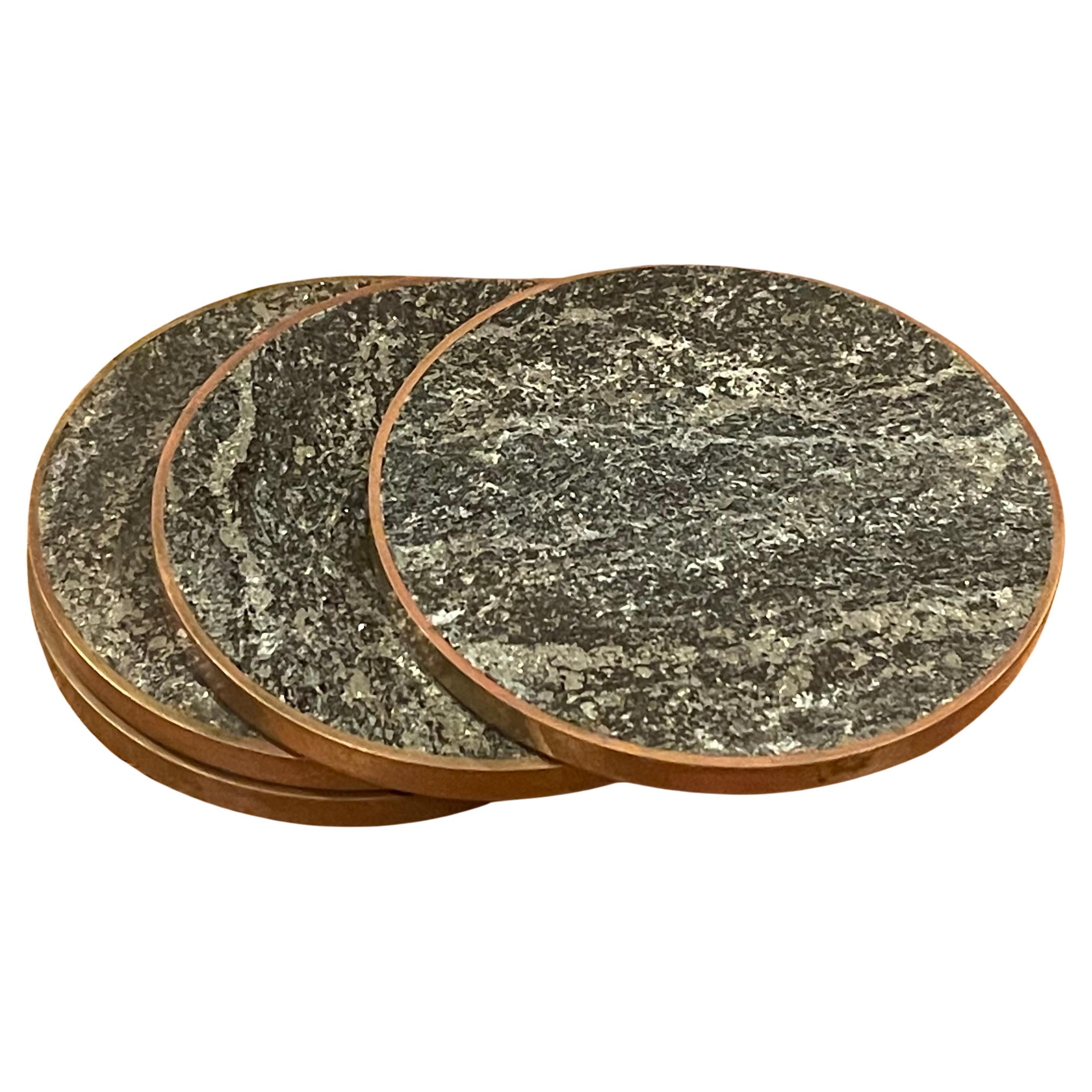 Set of 4 MCM Brass and Marble Coasters by Saulo for Sulitjelma Stein Og Metall For Sale