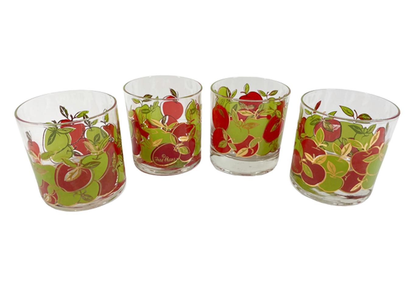 Four Fred Press designed mid-century modern rocks glasses with red and green apples having 22k gold details