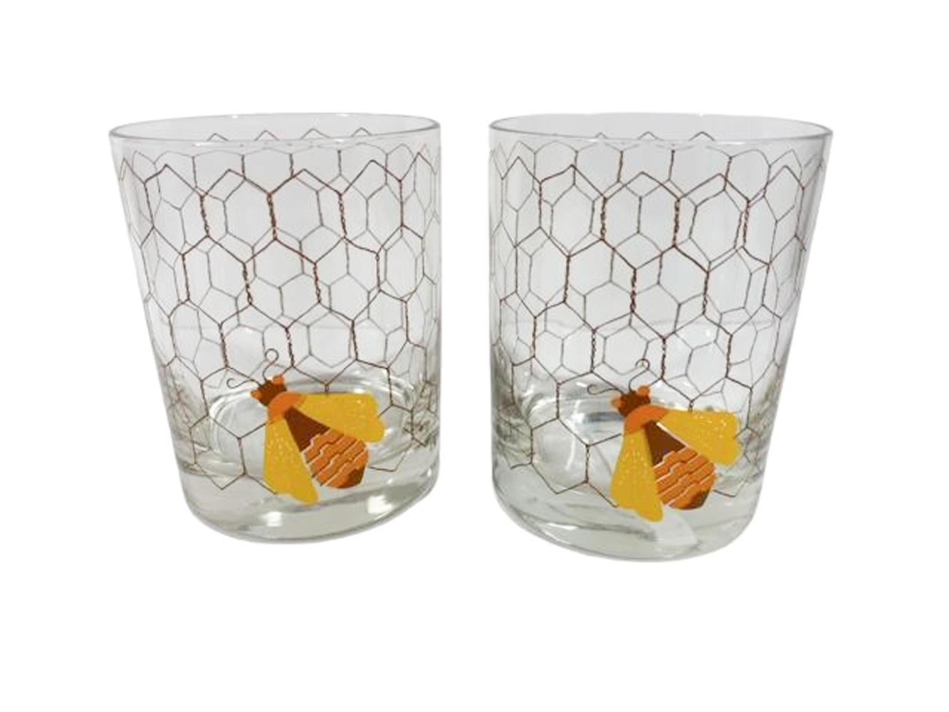 Mid-Century Modern Set of 4 MCM Rocks Glasses by Cera Glass with Enameled Bee on Wire Screening For Sale