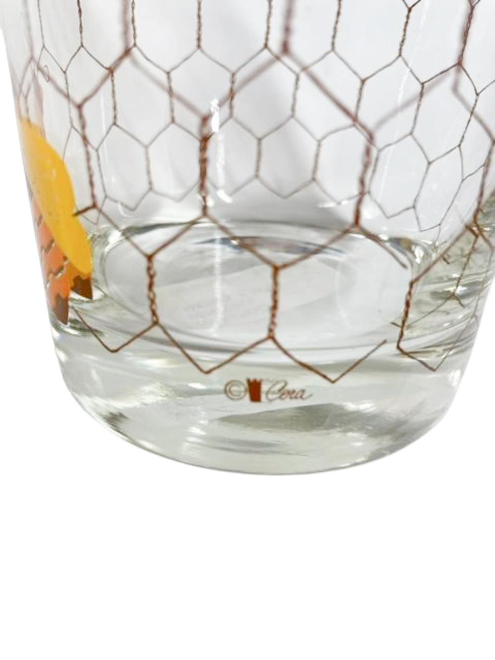 American Set of 4 MCM Rocks Glasses by Cera Glass with Enameled Bee on Wire Screening For Sale