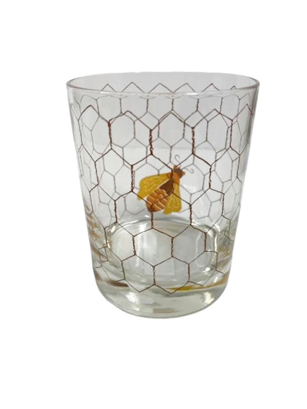 Set of 4 MCM Rocks Glasses by Cera Glass with Enameled Bee on Wire Screening In Good Condition For Sale In Chapel Hill, NC