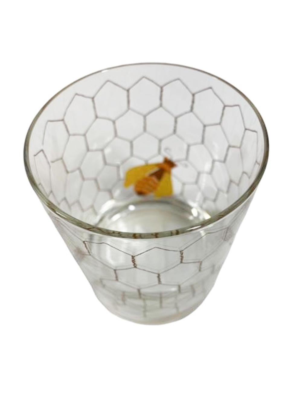 20th Century Set of 4 MCM Rocks Glasses by Cera Glass with Enameled Bee on Wire Screening For Sale