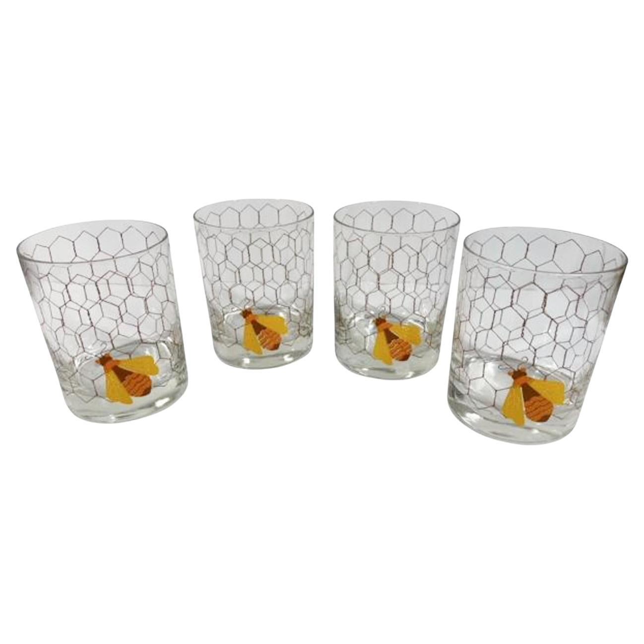 Ensemble de 4 verres MCM Rocks par Cera Glass avec abe émaillé sur paravent en fil de fer
