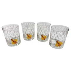 Set of 4 MCM Rocks Glasses by Cera Glass with Enameled Bee on Wire Screening