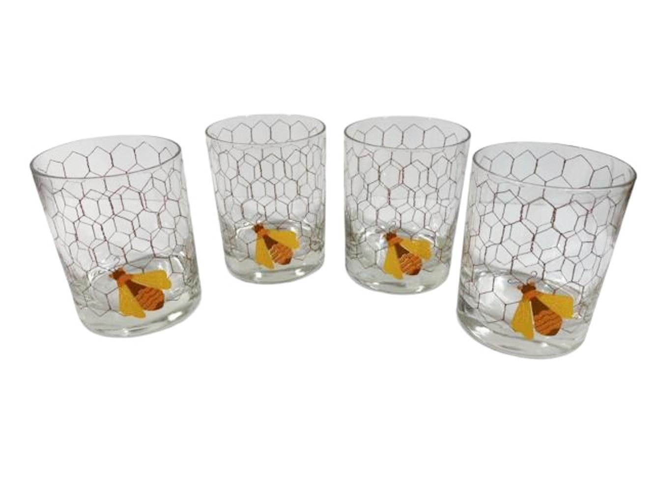 Mid-Century Modern Set of 4 MCM Rocks Glasses with Enameled Bees on Wire Screen by Cera Glass For Sale