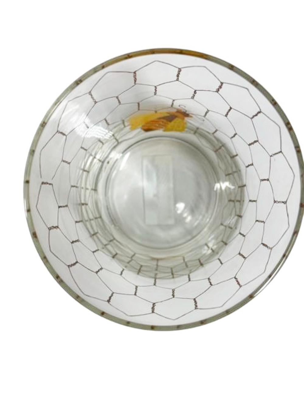Set of 4 MCM Rocks Glasses with Enameled Bees on Wire Screen by Cera Glass For Sale 1