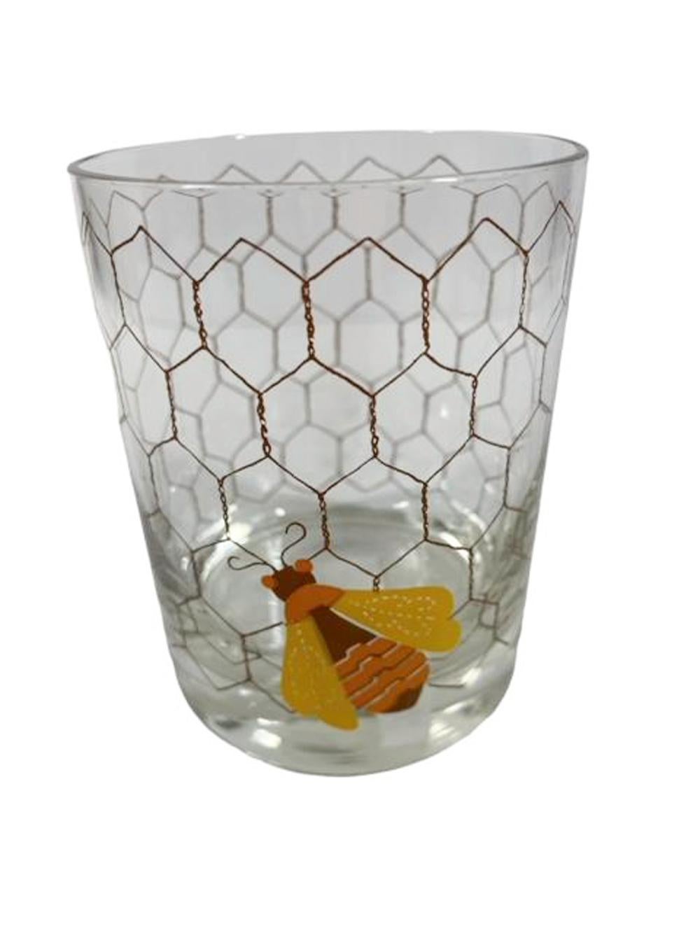 Set of 4 MCM Rocks Glasses with Enameled Bees on Wire Screen by Cera Glass For Sale 2