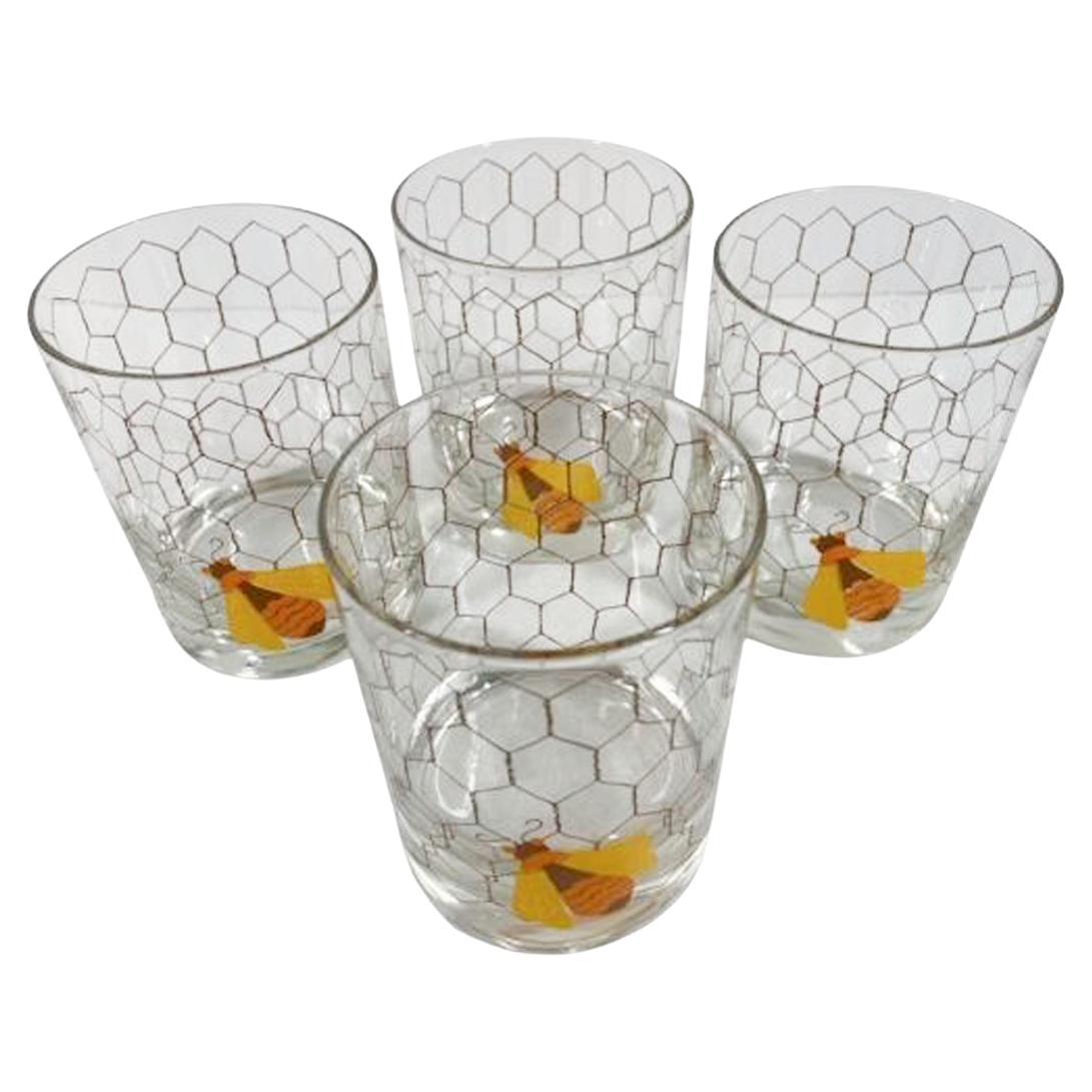 Set of 4 MCM Rocks Glasses with Enameled Bees on Wire Screen by Cera Glass