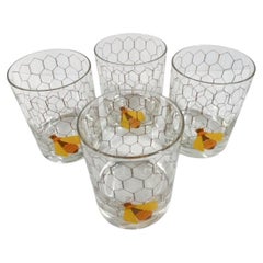 Set of 4 MCM Rocks Glasses with Enameled Bees on Wire Screen by Cera Glass
