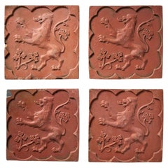 Antique Set of 4 Medieval Style Terracotta Rampant Lion Tiles