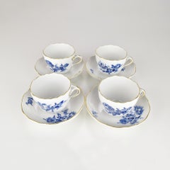 Set of 4 Meissen Aquatinta Espresso Mocha Cups & Saucers Blue Floral Porcelain