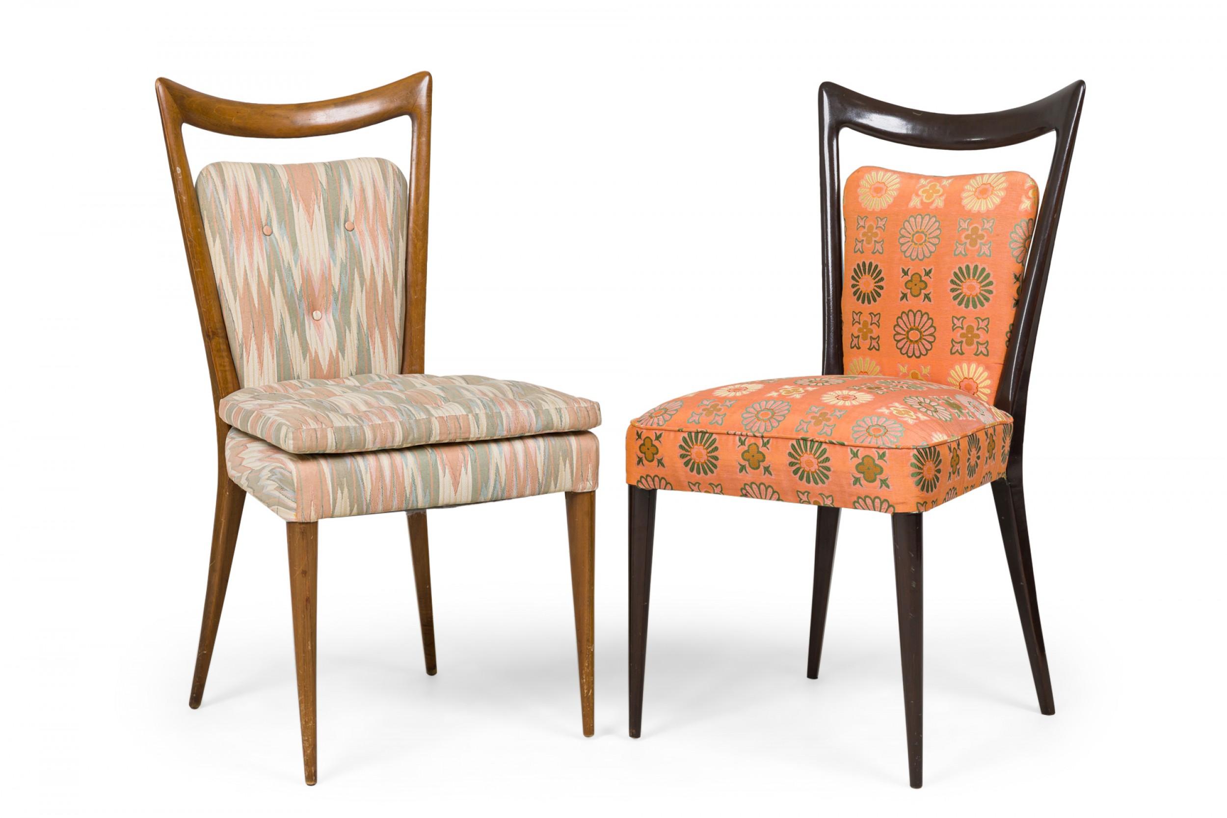 SET of 4 midcentury (1950s) Italian dining side chairs with molded backs, upholstered in a peach floral patterned fabric, standing on 4 tapered conical legs. (Melchiorre Bega) (PRICED AS SET) (Similar chairs: REG4090B).