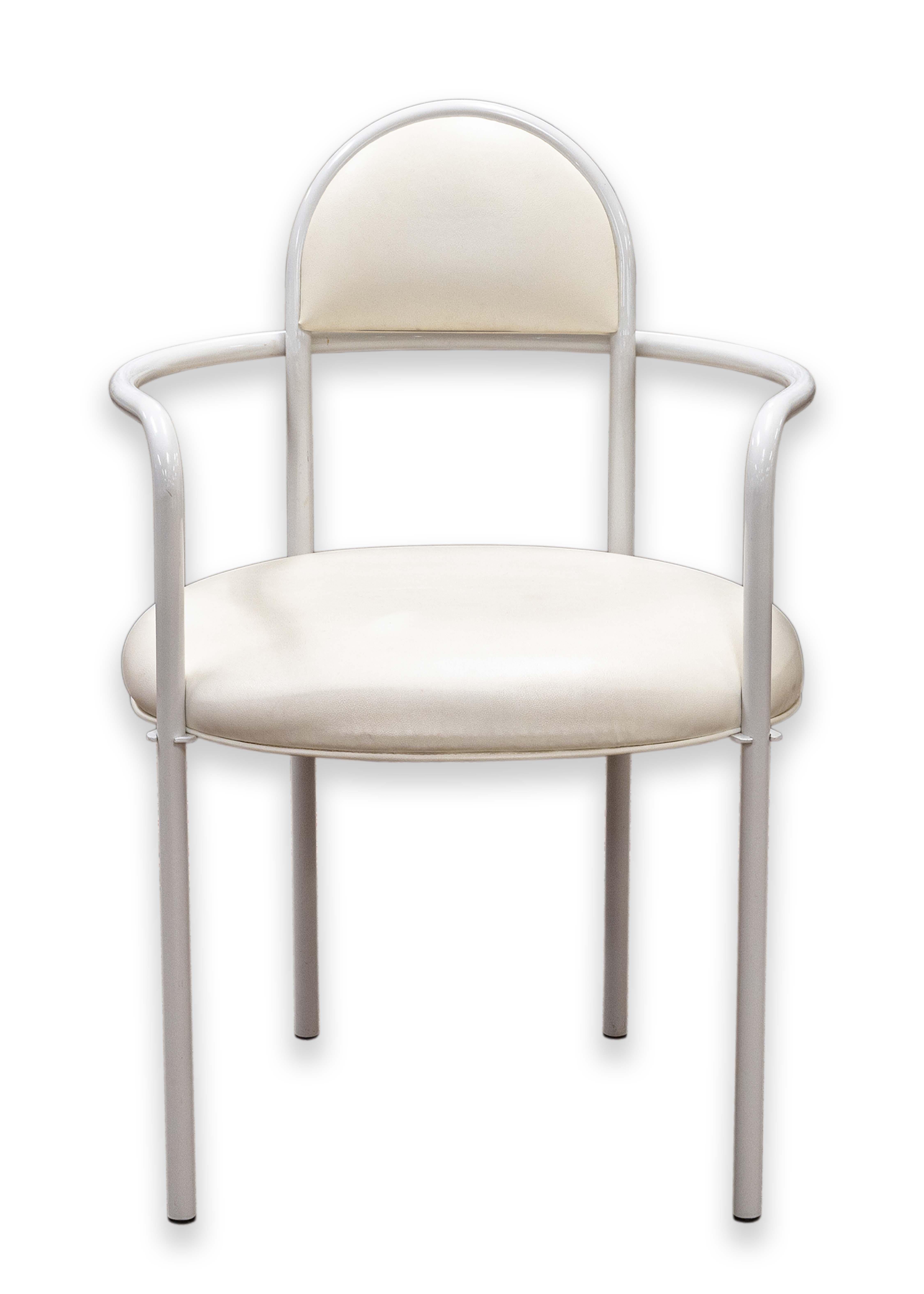 Set of 4 Memphis Style Bieffeplast Italian White and Cream Metal Armchairs For Sale 5