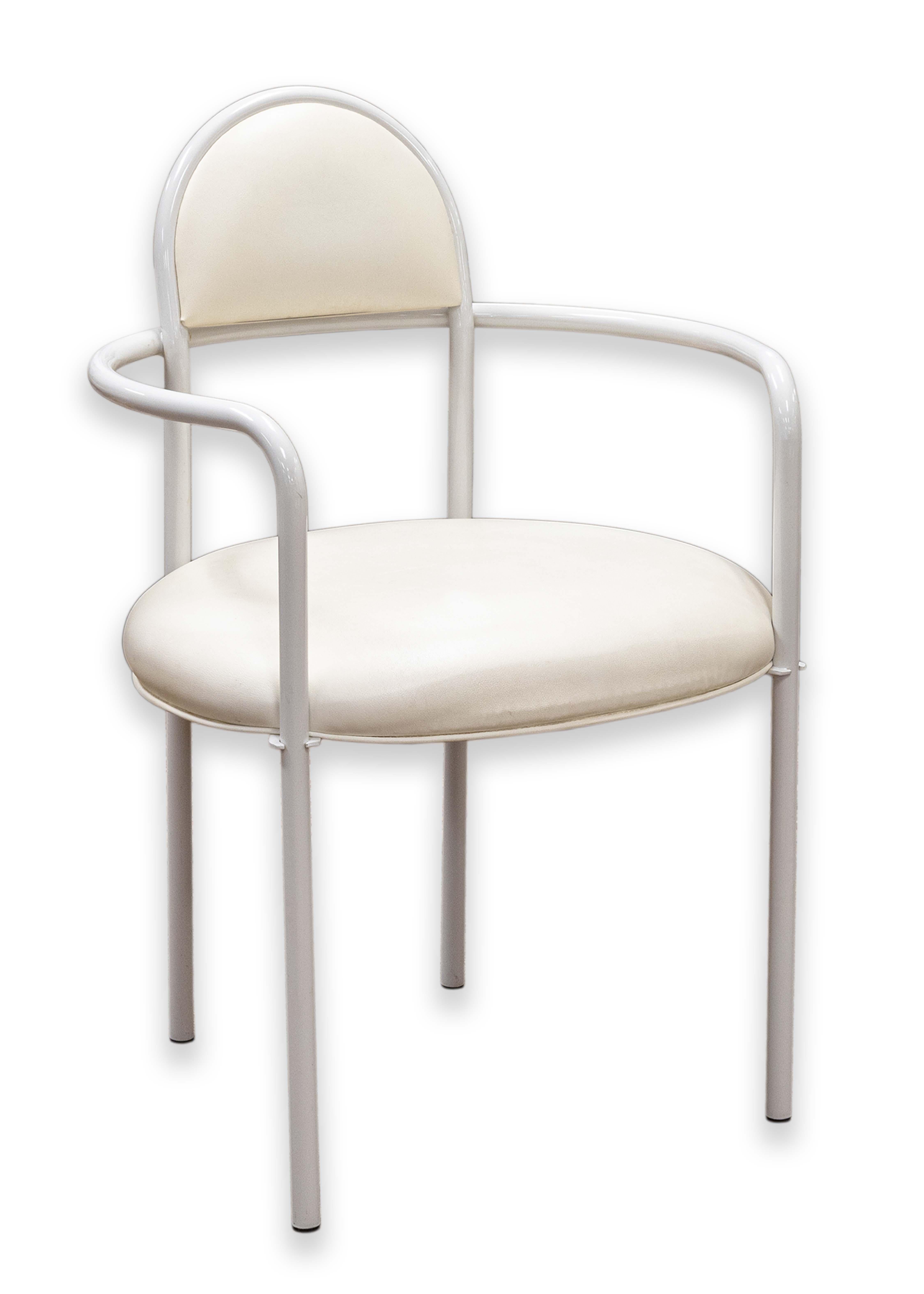 Set of 4 Memphis Style Bieffeplast Italian White and Cream Metal Armchairs For Sale 6