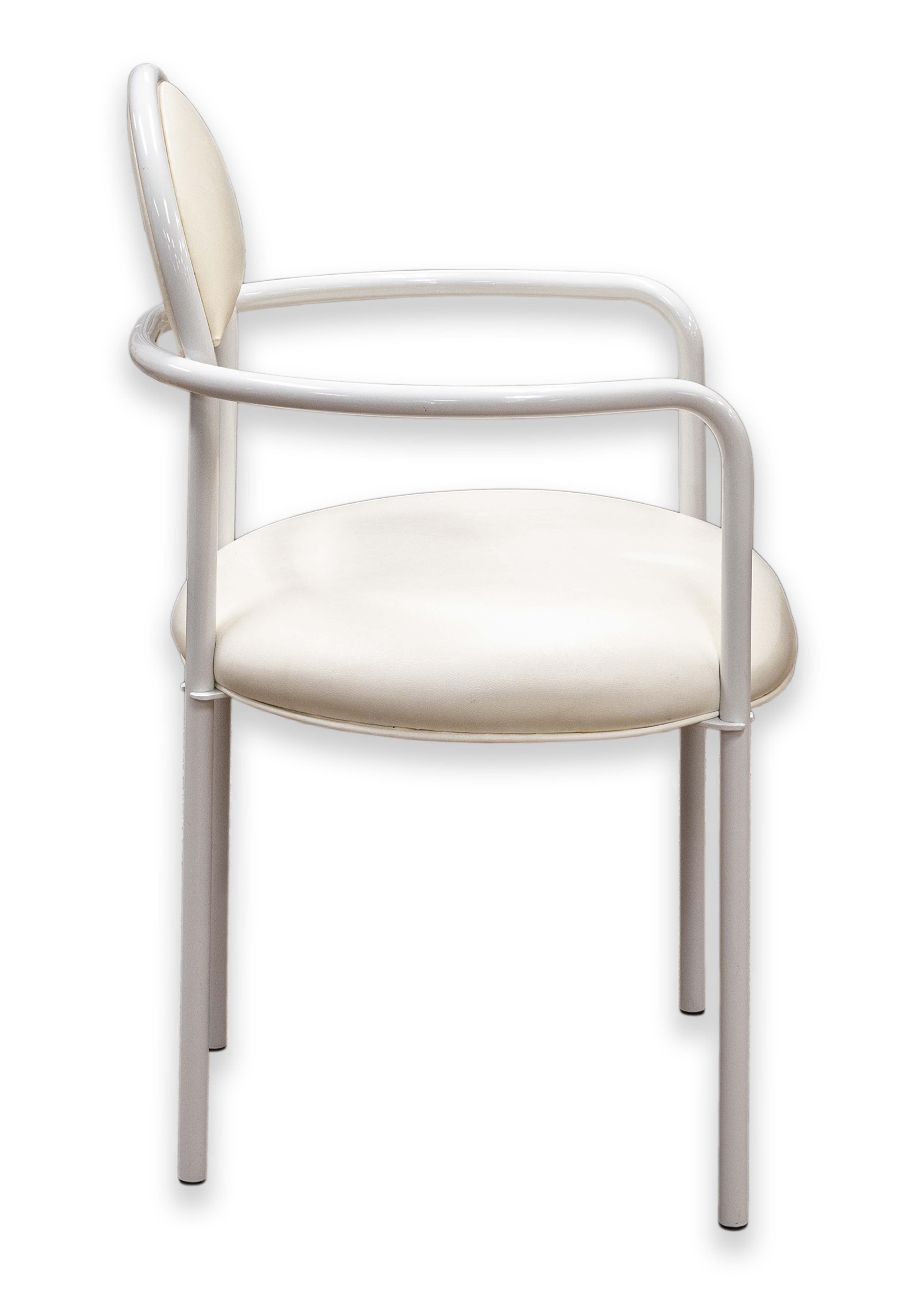 Set of 4 Memphis Style Bieffeplast Italian White and Cream Metal Armchairs For Sale 7