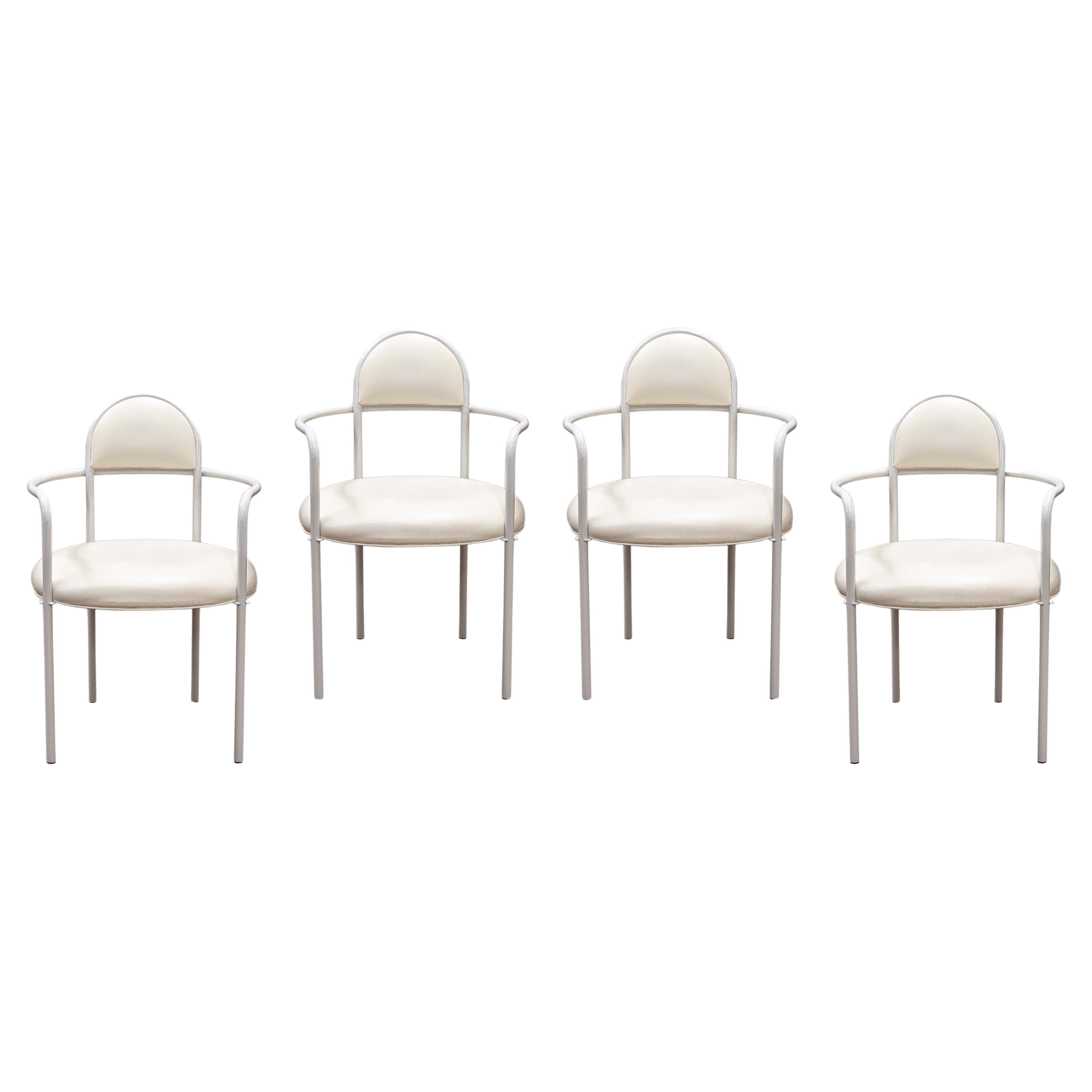 Set of 4 Memphis Style Bieffeplast Italian White and Cream Metal Armchairs For Sale