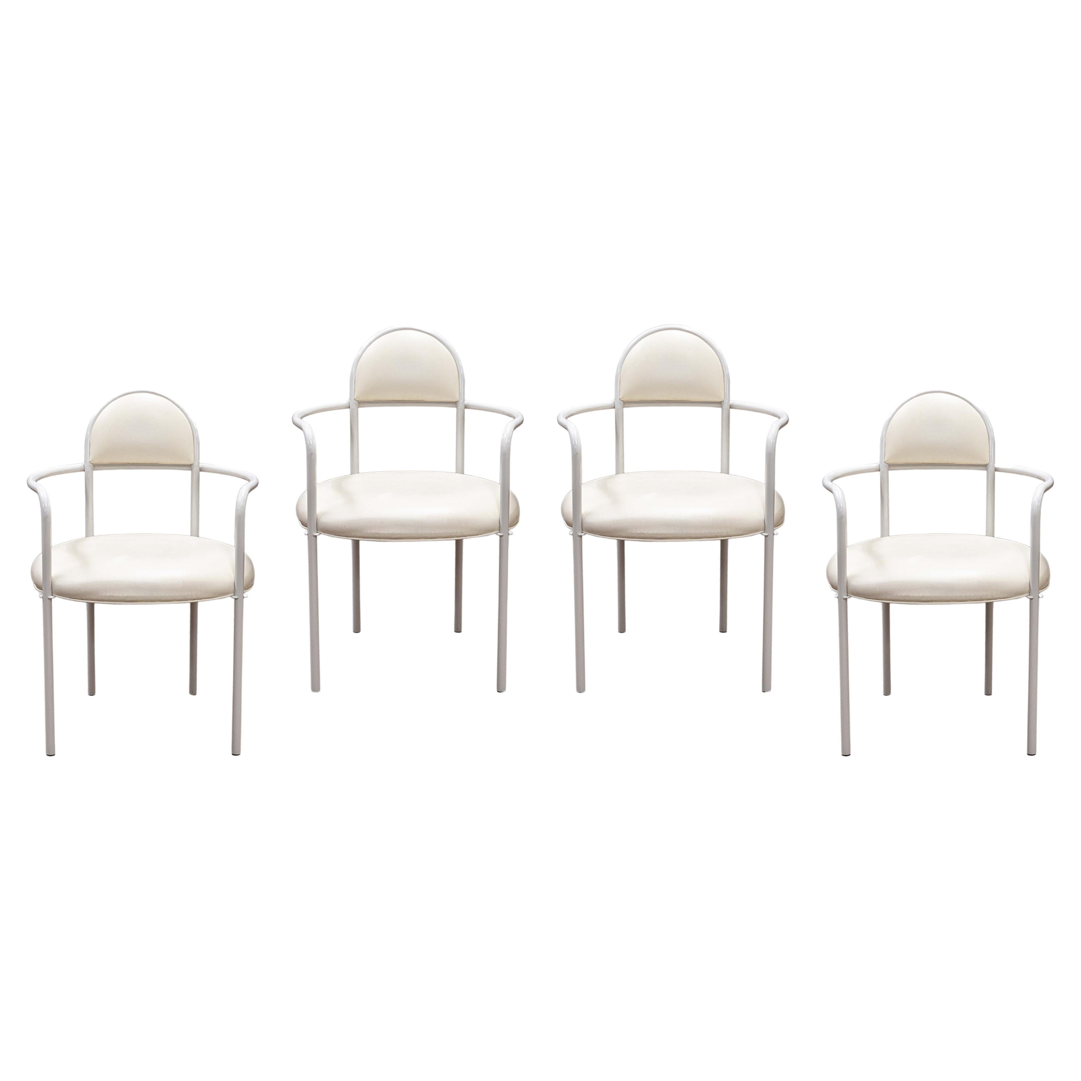 Set of 4 Memphis Style Bieffeplast Italian White and Cream Metal Armchairs