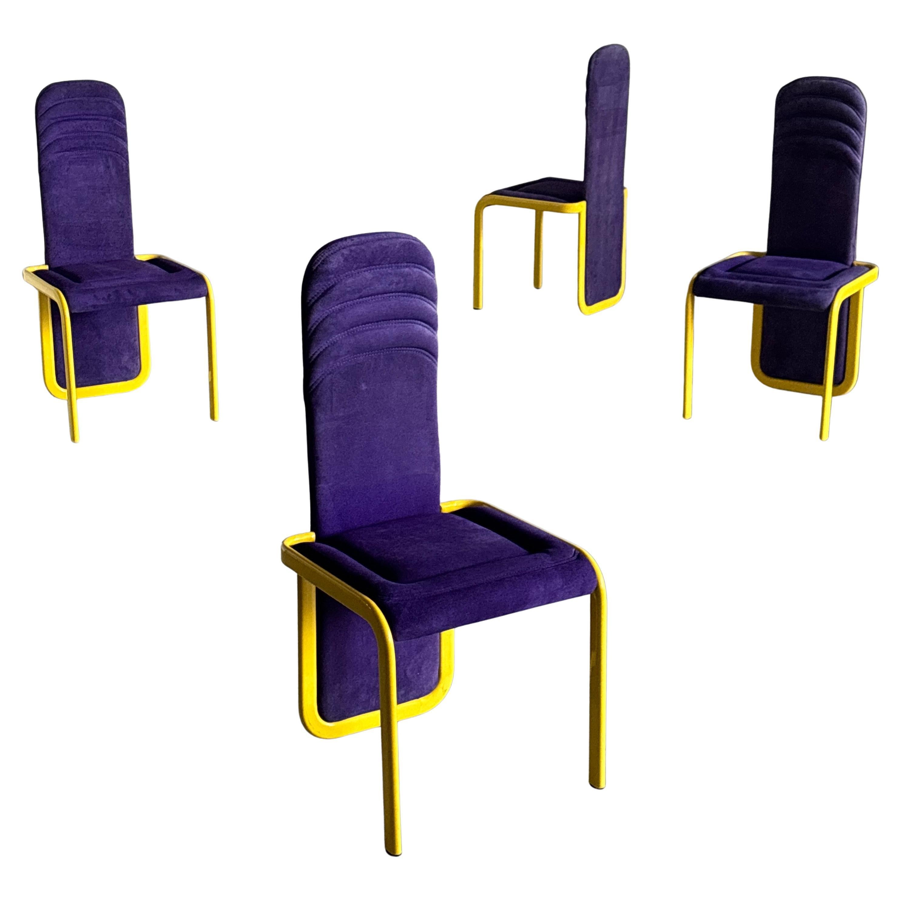 Set di 4 sedie da pranzo postmoderne in stile Memphis in viola e giallo