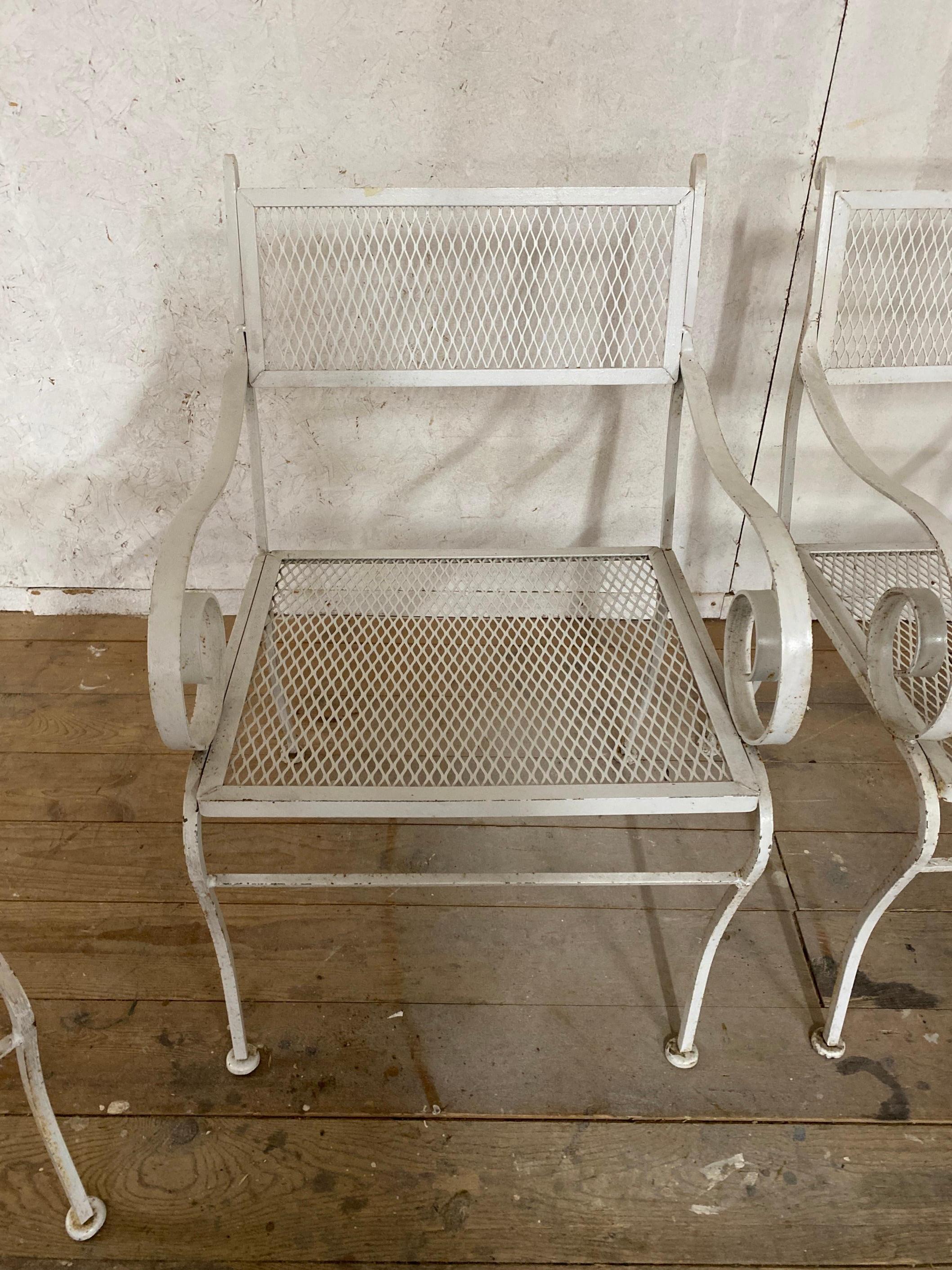 Mid-Century Modern Set of 4 Mesh Metal Garden Arm Chairs for Dining or Lounging For Sale