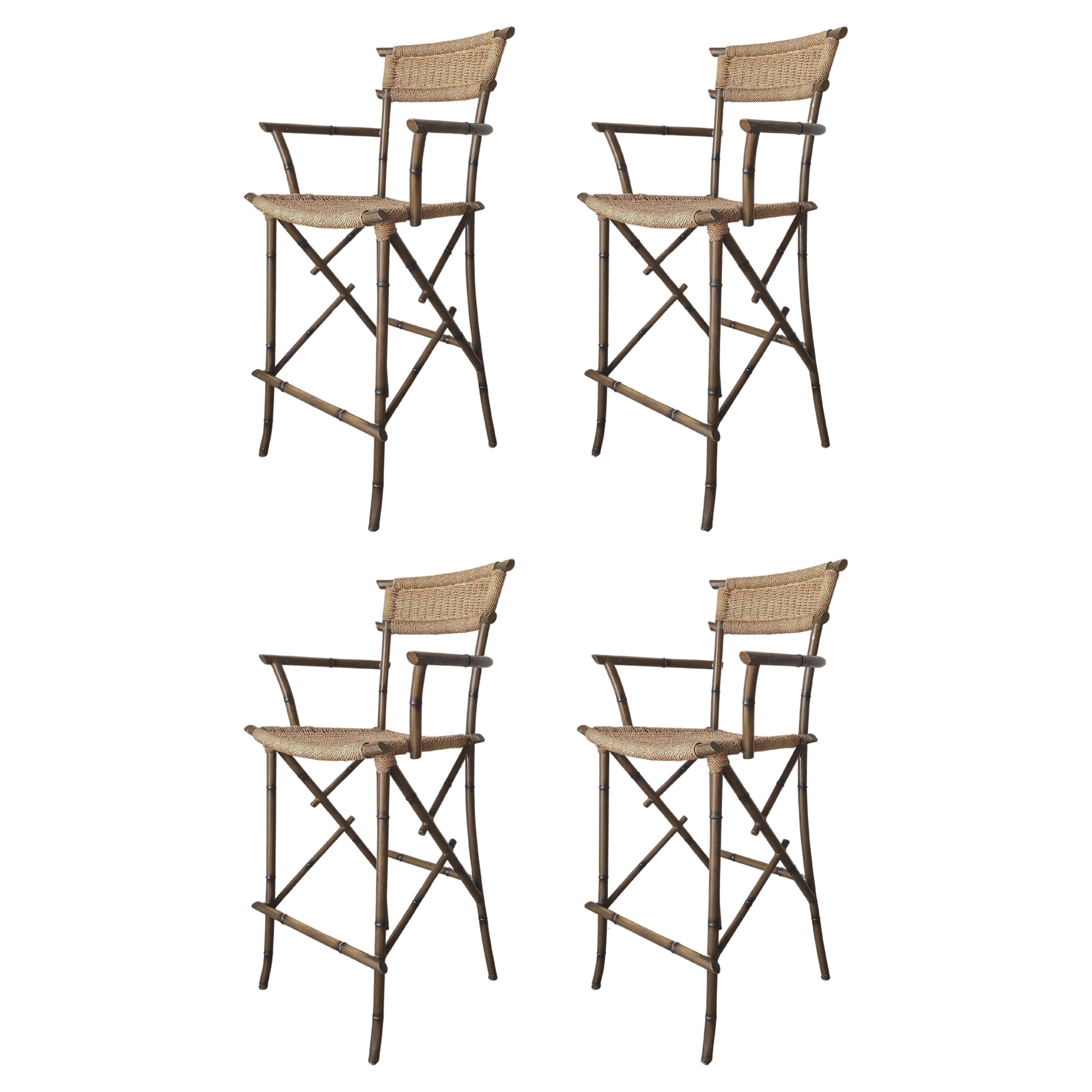 Set of 4 Metal Faux Bamboo and Rope Bar Stools For Sale