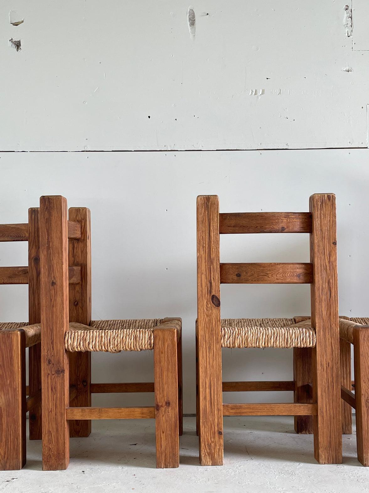 Late 20th Century Set of 4 Mexican Pine & Rush Chunky Dining Chairs, circa 1970