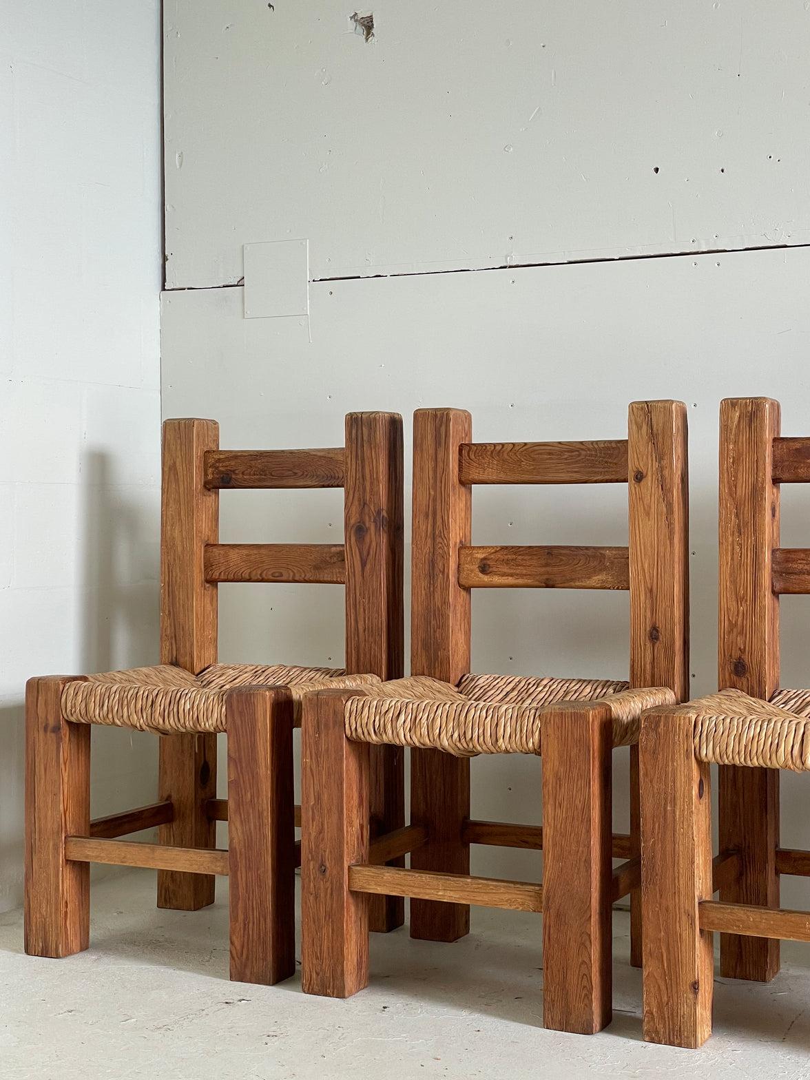 Set of 4 Mexican Pine & Rush Chunky Dining Chairs, circa 1970 1