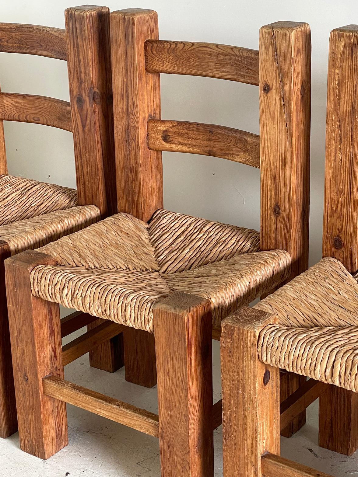 Set of 4 Mexican Pine & Rush Chunky Dining Chairs, circa 1970 3