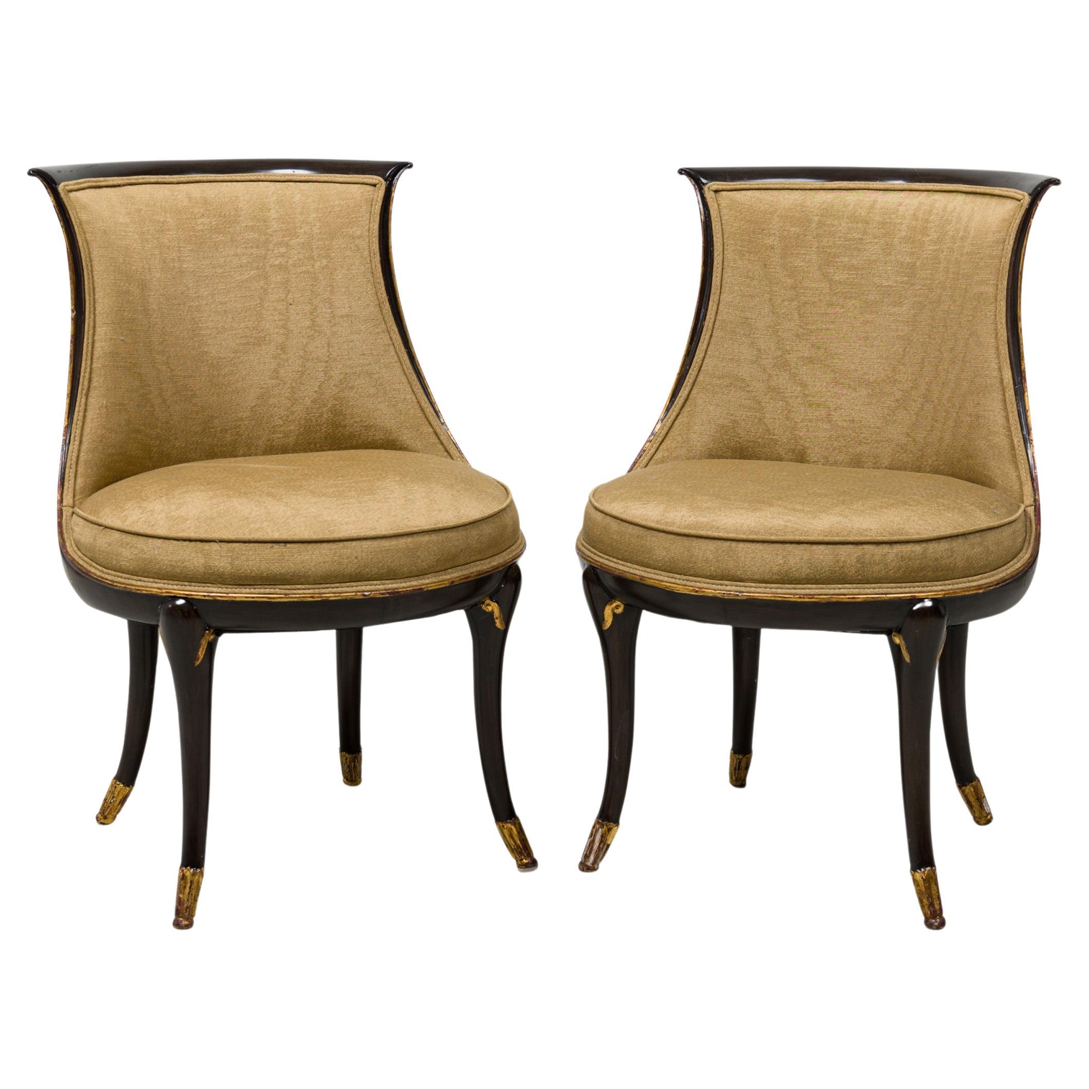 Set of 4 Michael Taylor American Walnut & Brass Inlaid Upholstered Dining Chairs