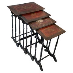 Set of 4 Mid 19th Century French Hand Painted Wooden Nesting Tables