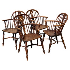 Antique Set of 4 Mid 19th Century Oak & Elm Windsor Armchairs