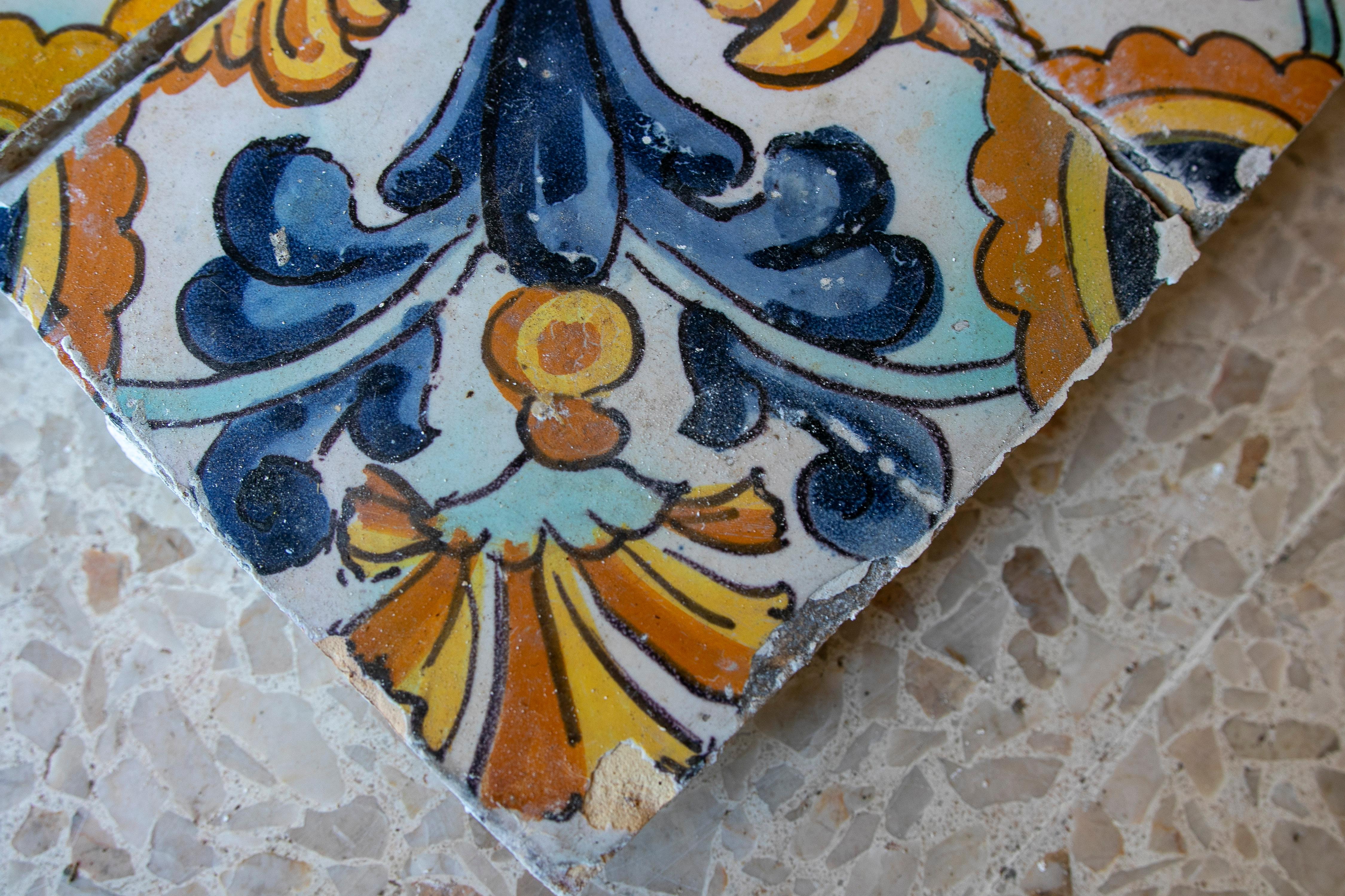 Set of 4 Mid-19th Century Spanish Hand Painted Patterned Glazed Ceramic Tiles 9