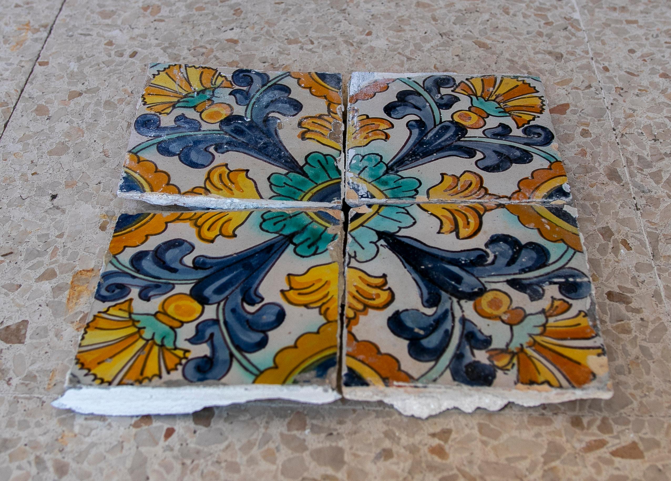 Set of 4 Mid-19th Century Spanish Hand Painted Patterned Glazed Ceramic Tiles 1