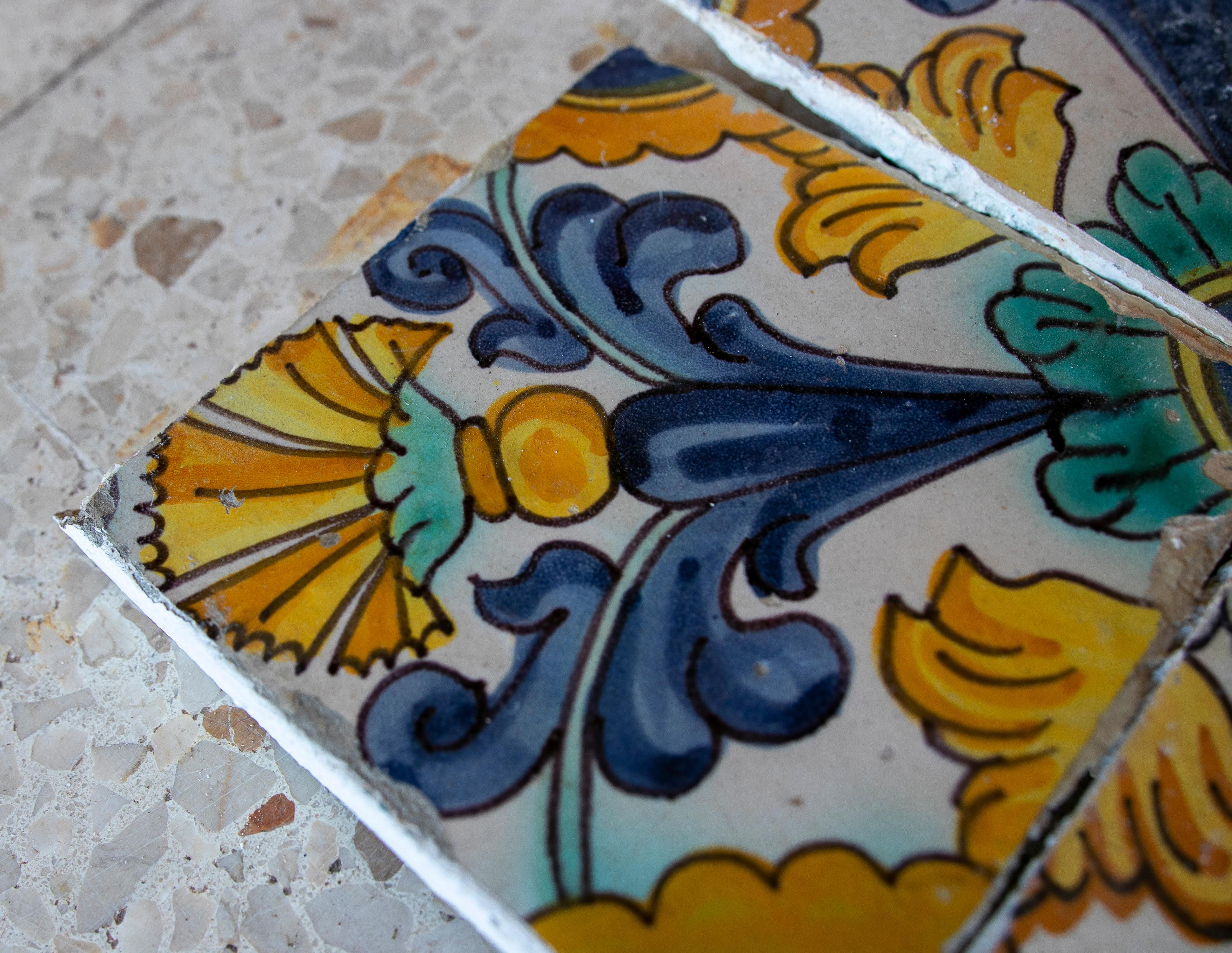 Set of 4 Mid-19th Century Spanish Hand Painted Patterned Glazed Ceramic Tiles 2