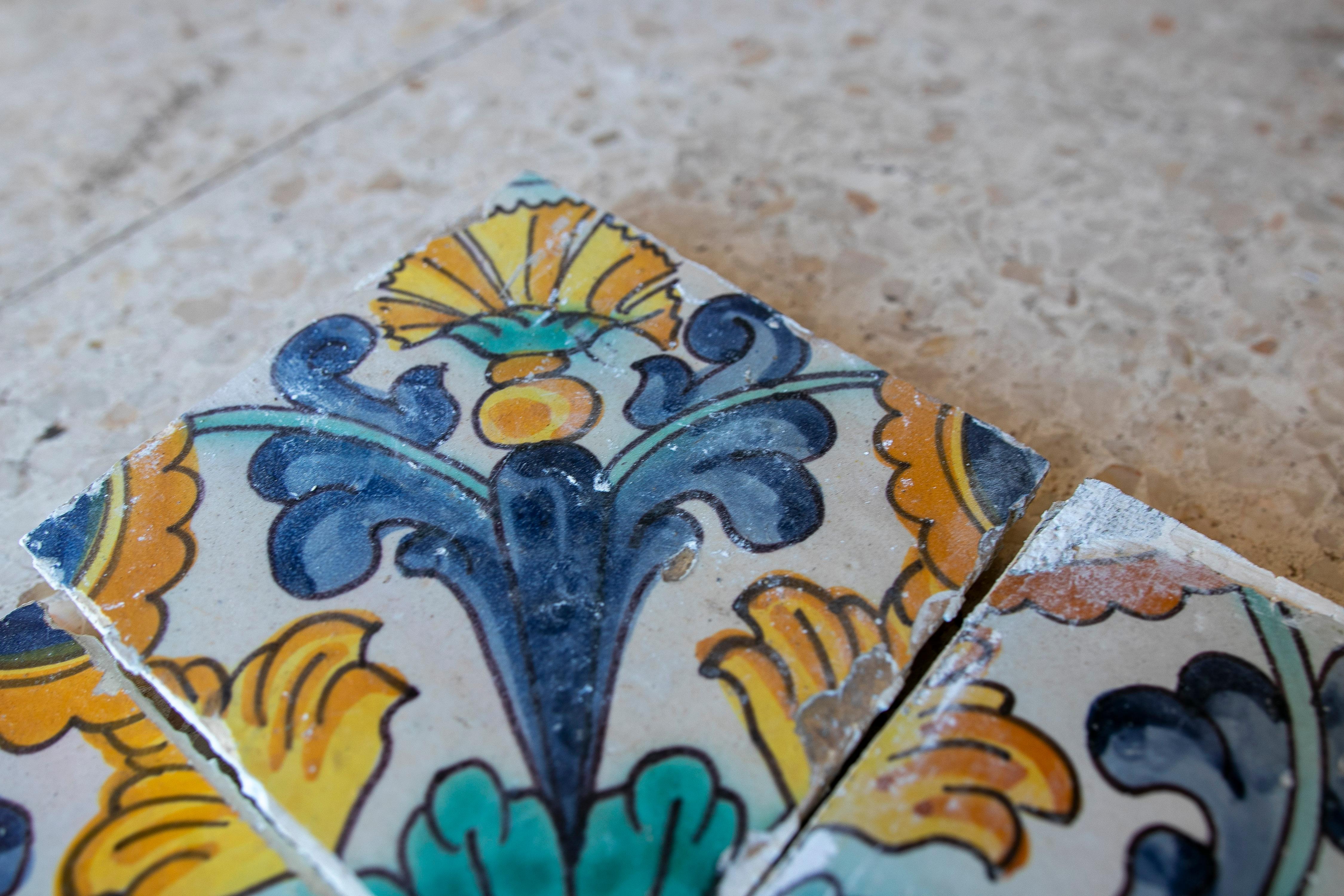 Set of 4 Mid-19th Century Spanish Hand Painted Patterned Glazed Ceramic Tiles 4