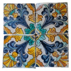 Antique Set of 4 Mid-19th Century Spanish Hand Painted Patterned Glazed Ceramic Tiles