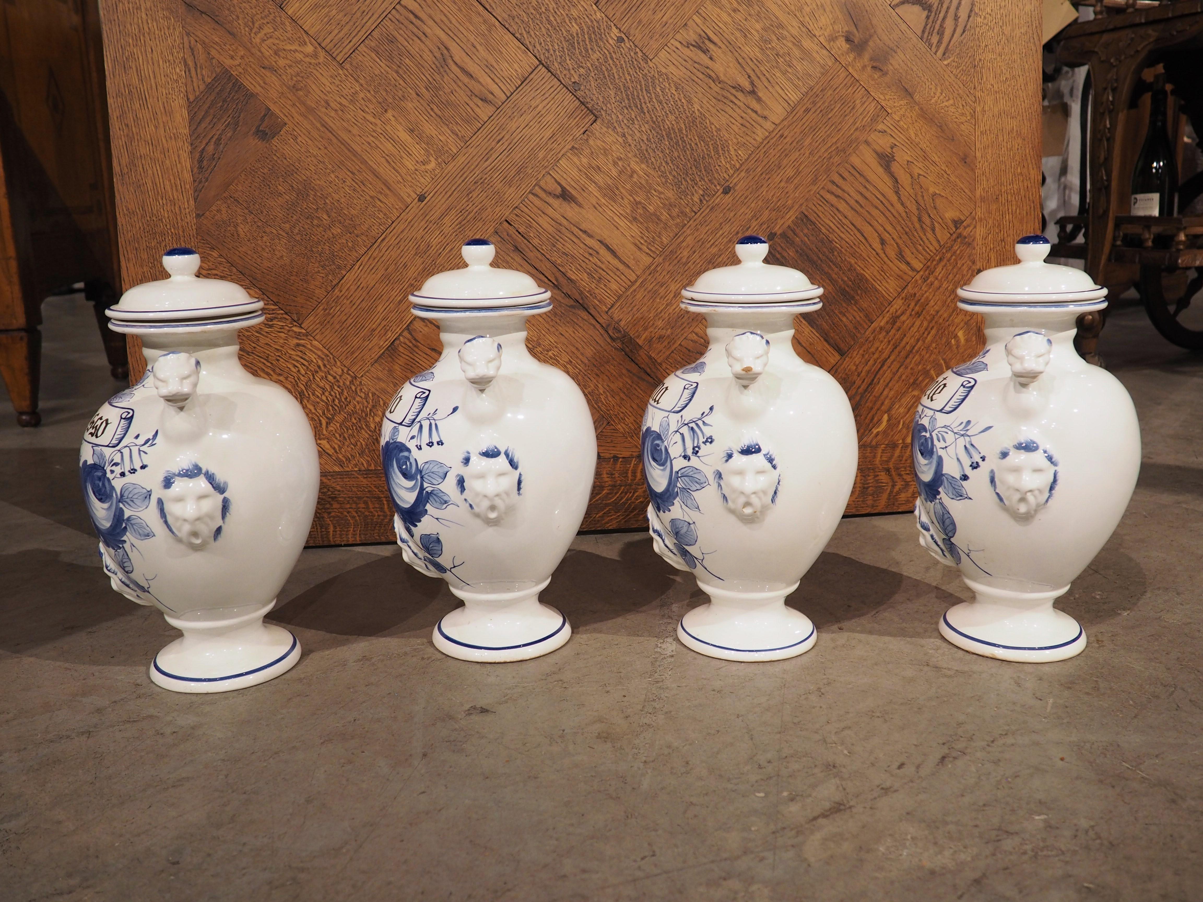 Set of 4, Mid-20th Century Blue and White Painted Italian Ceramic Pharmacy Jars 11