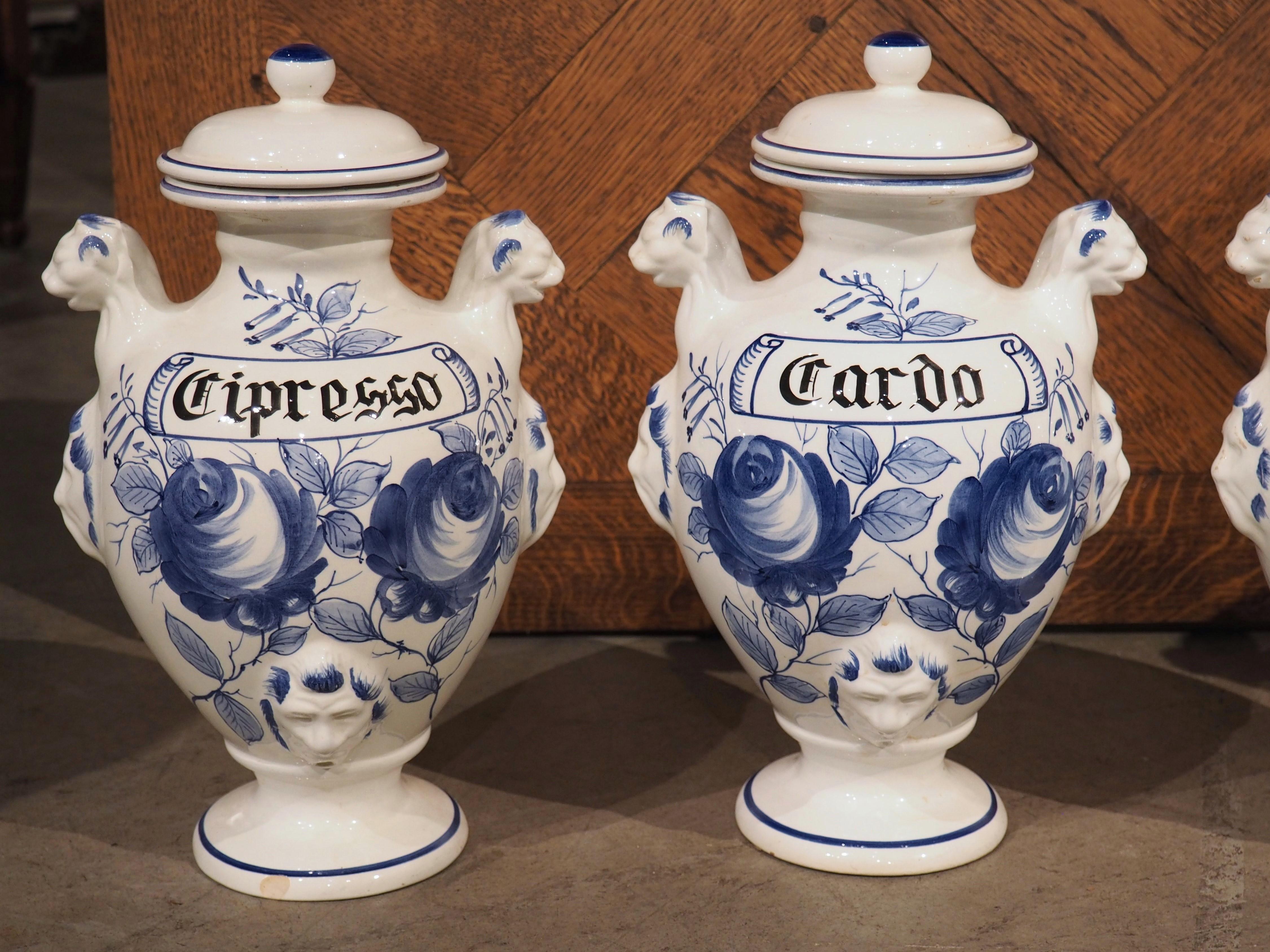 Hand-Painted Set of 4, Mid-20th Century Blue and White Painted Italian Ceramic Pharmacy Jars