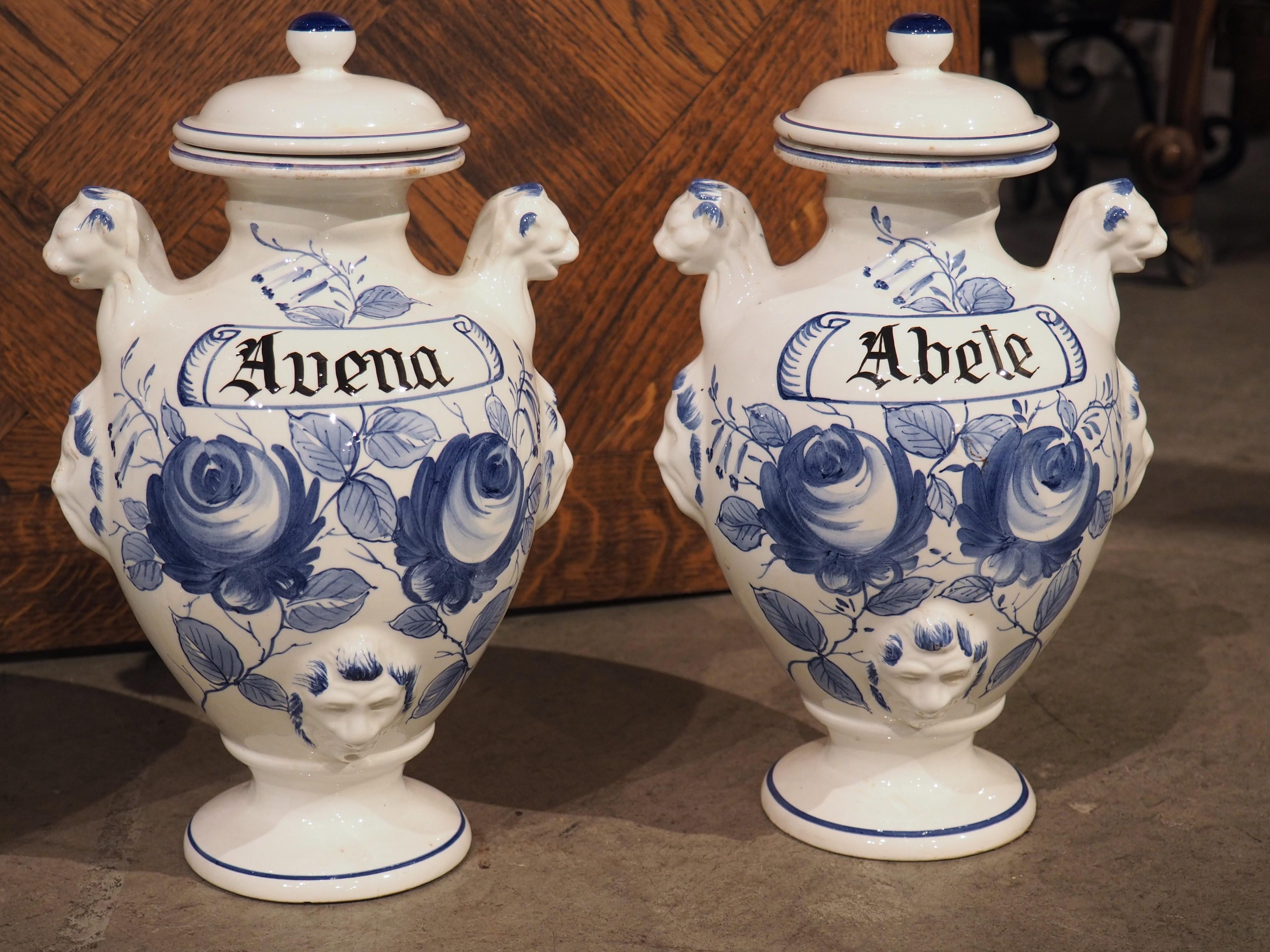 Set of 4, Mid-20th Century Blue and White Painted Italian Ceramic Pharmacy Jars In Good Condition In Dallas, TX