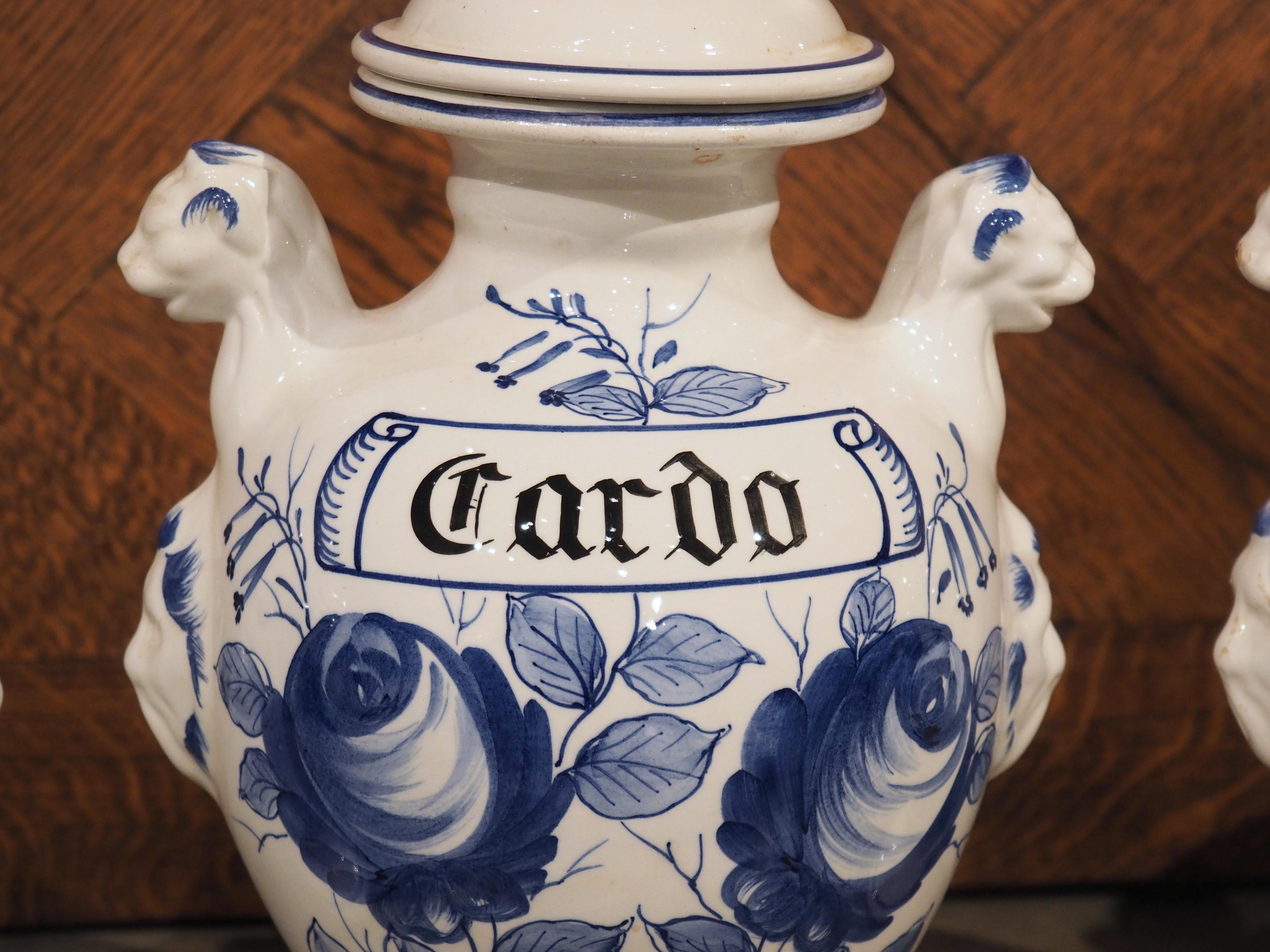 Set of 4, Mid-20th Century Blue and White Painted Italian Ceramic Pharmacy Jars 2