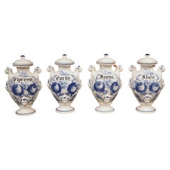 Set of 4, Mid-20th Century Blue and White Painted Italian Ceramic Pharmacy Jars