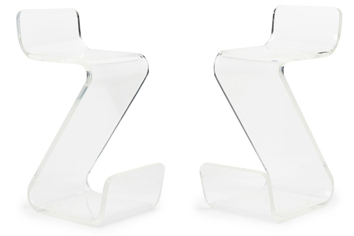 SET of 4 Mid-Century American transparent lucite cantilever barstools in a modern, minimalist \