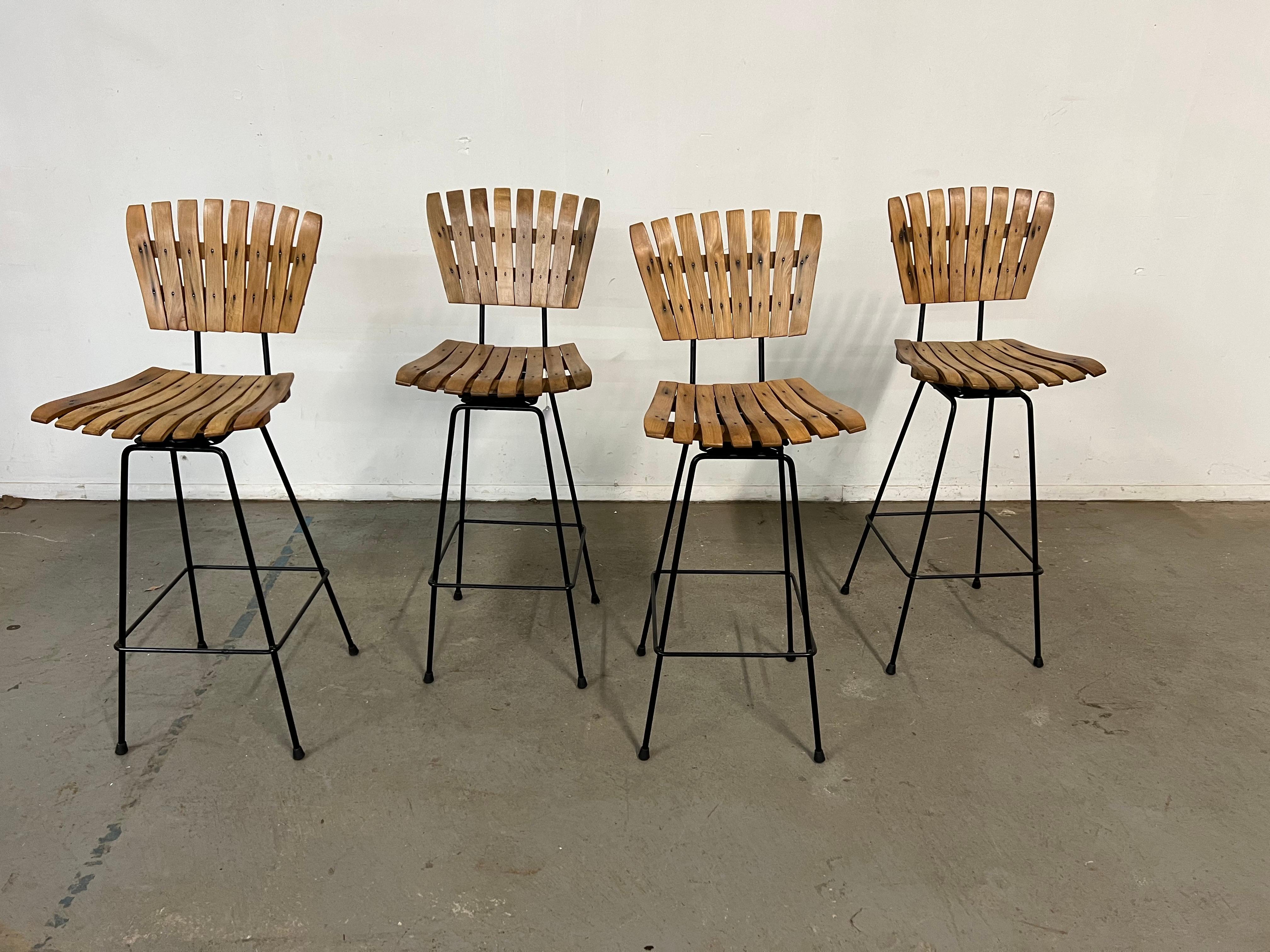  Set of 4 Mid-Century Arthur Umanoff Slat Style Bar Stools For Sale 4