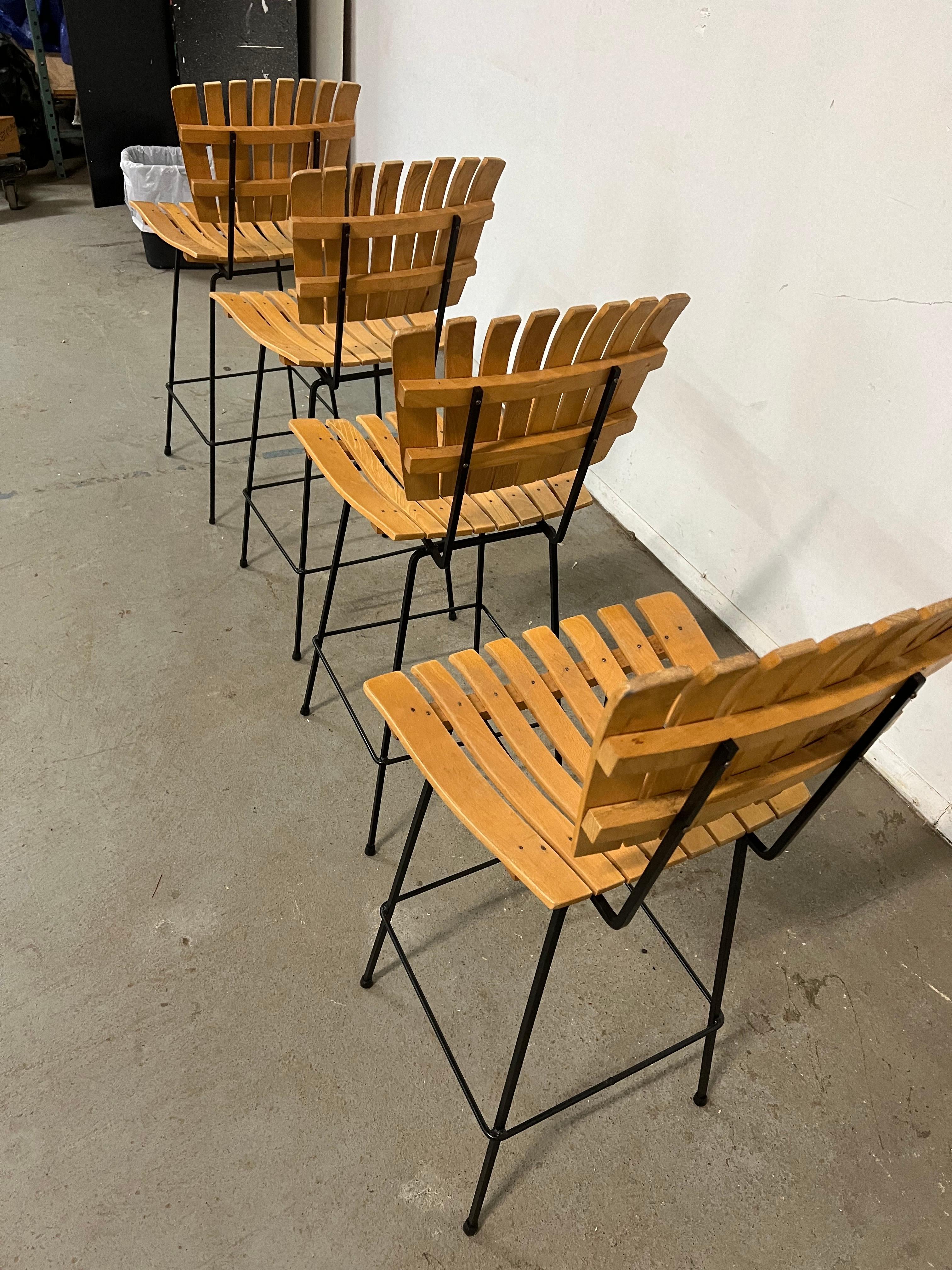 Set of 4 Mid-Century Arthur Umanoff Slat Style Bar Stools For Sale 4