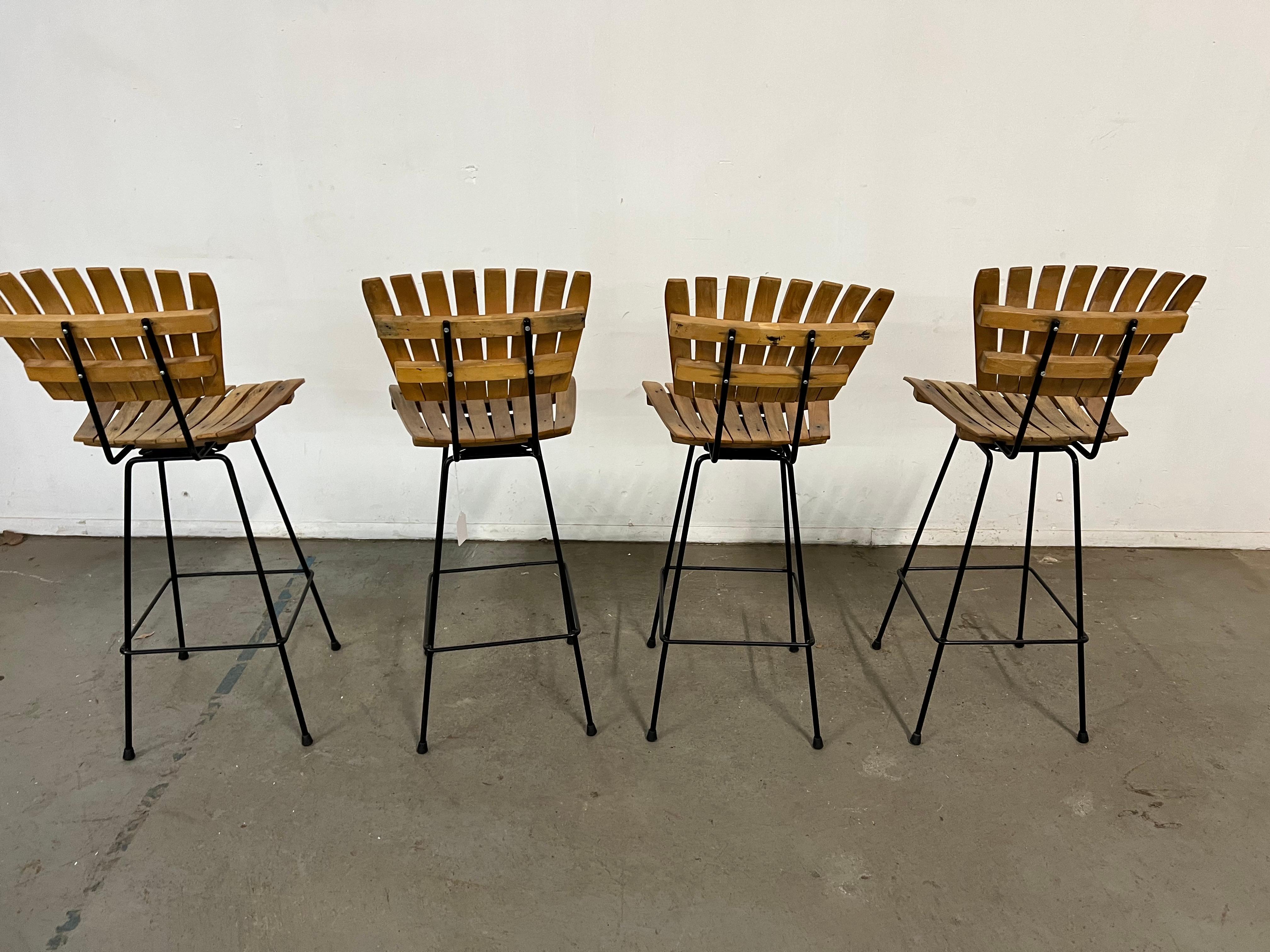  Set of 4 Mid-Century Arthur Umanoff Slat Style Bar Stools For Sale 5