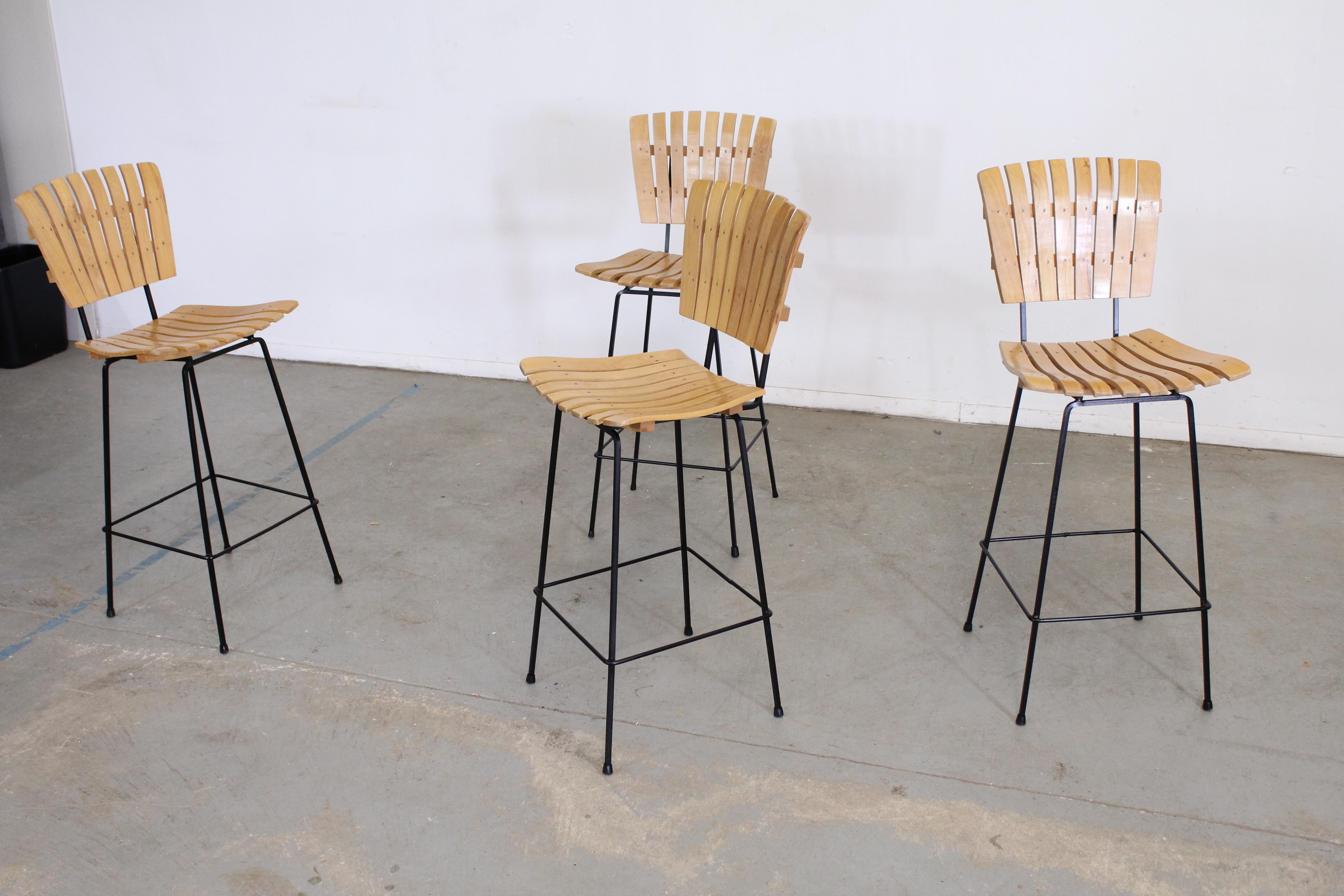 Set of 4 Mid-Century Arthur Umanoff Slat Style Bar Stools For Sale 4